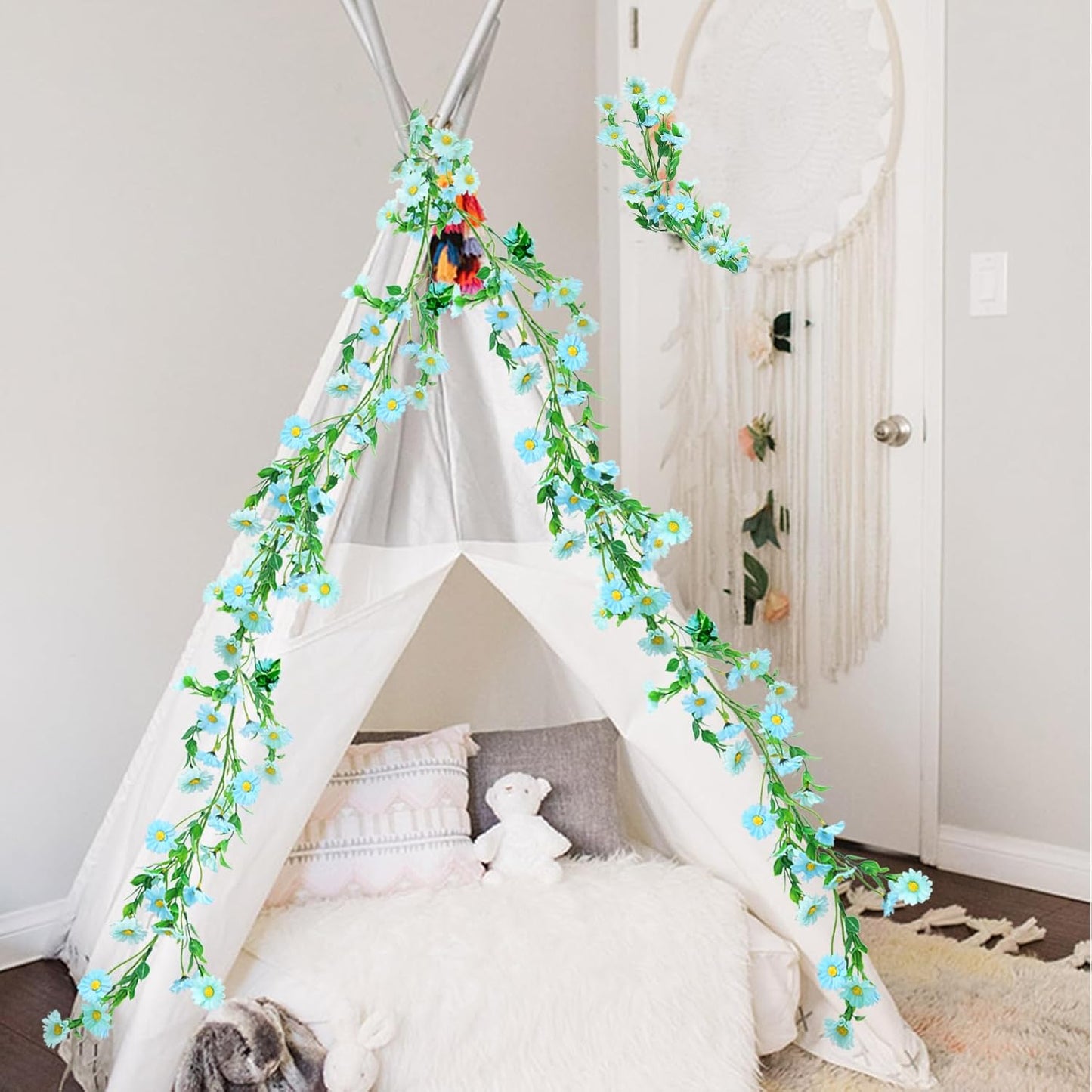 2 Pack Silk Flower Garland Artificial Blue Daisy Garland Fake Hanging Vines with Daisy Flowers for Wall Home Party Wedding Indoor Outdoor Spring Decor