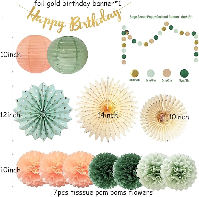 Sage Green and Peach Birthday Decorations - Olive Peach Tissue Paper Pom Poms, Hanging Paper Fans & Lantern, Gold Happy Birthday Banner for Olive Sage Green Peach Bday Baby Shower Decorations