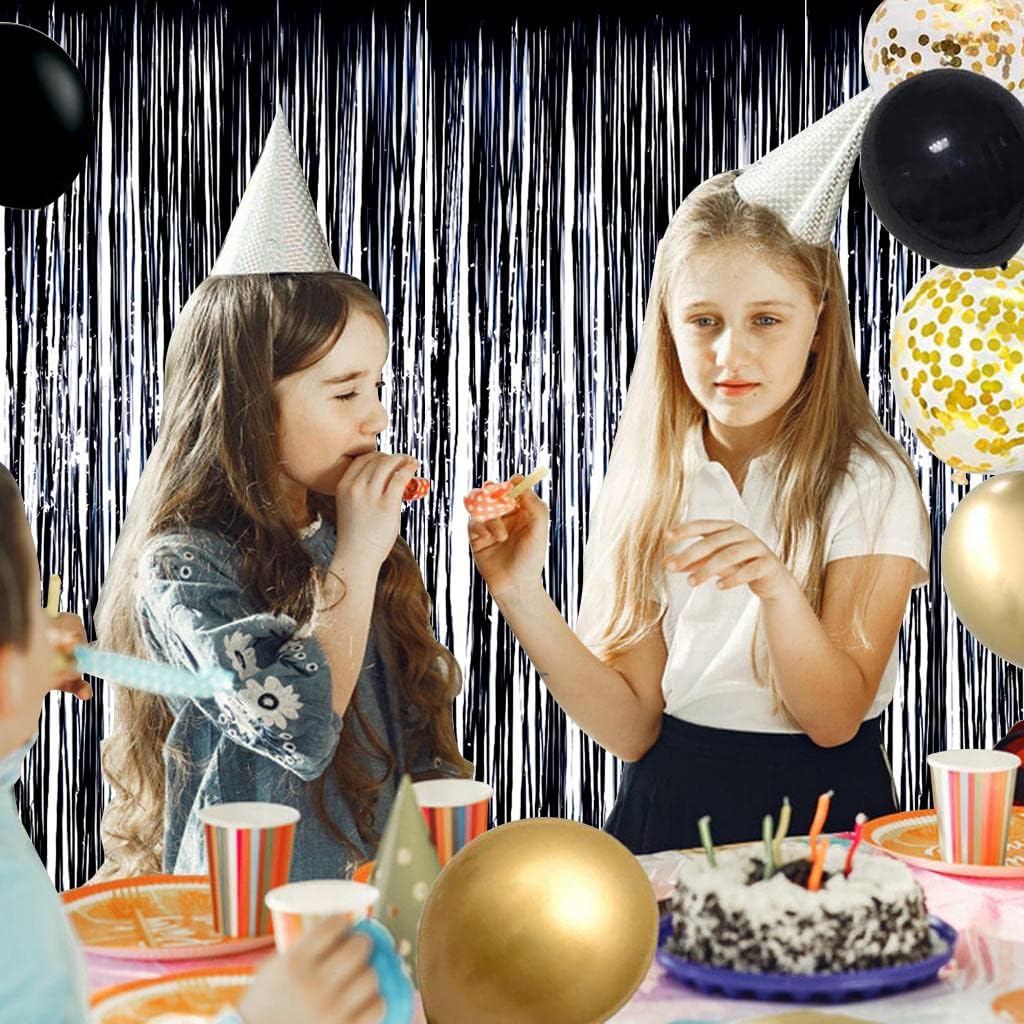 BEISHIDA 2 Pack Foil Fringe Curtain,Black Tinsel Metallic Curtains, Photo Backdrop Streamer Curtain for Halloween Wedding Bridal Shower Birthday Bachelorette Graduation Party Decor(3.28 ft x 6.56 ft)