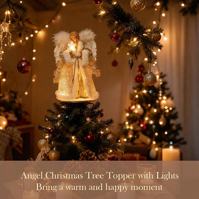 Angel Christmas Tree Topper, 12.5 Inch Angel Tree Topper with Lights, Christmas Tree Topper with White Feather Wings, Xmas Tree Topper for Christmas Decor Home Holiday Party,Gold
