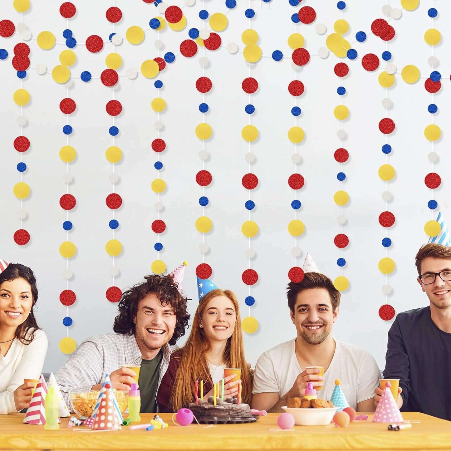 Outus 10 Pieces Colorful Dots Paper Garland Round Glitter Garland Hanging Confetti Streamers Backdrop for Candy Birthday Classroom Halloween Trunk or Treat Car Decoration (Red,Blue,Yellow)