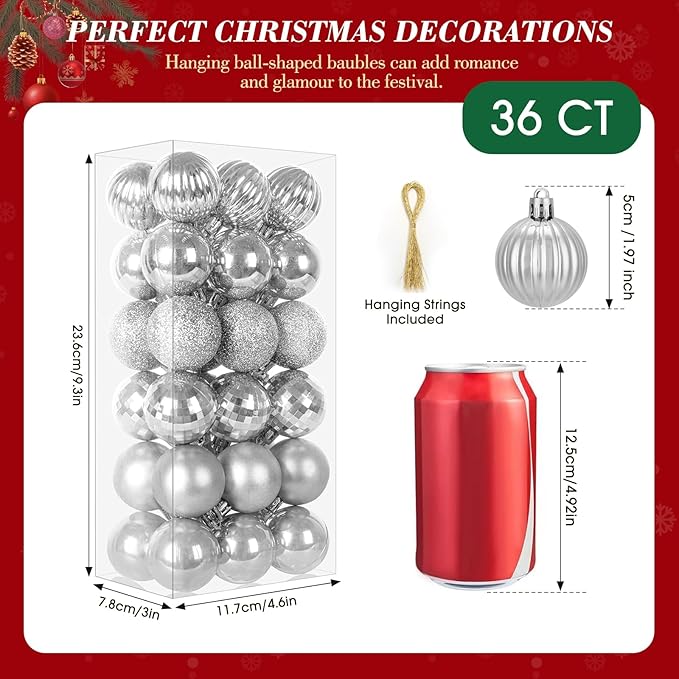 36-ct Christmas Balls Ornaments Set, 1.97-Inch Christmas Tree Balls with Hanging Strings, 6 Classic Finishes Shatterproof Plastic Decor for Xmas Holiday Wedding Party Home Indoor Decorations-Silver