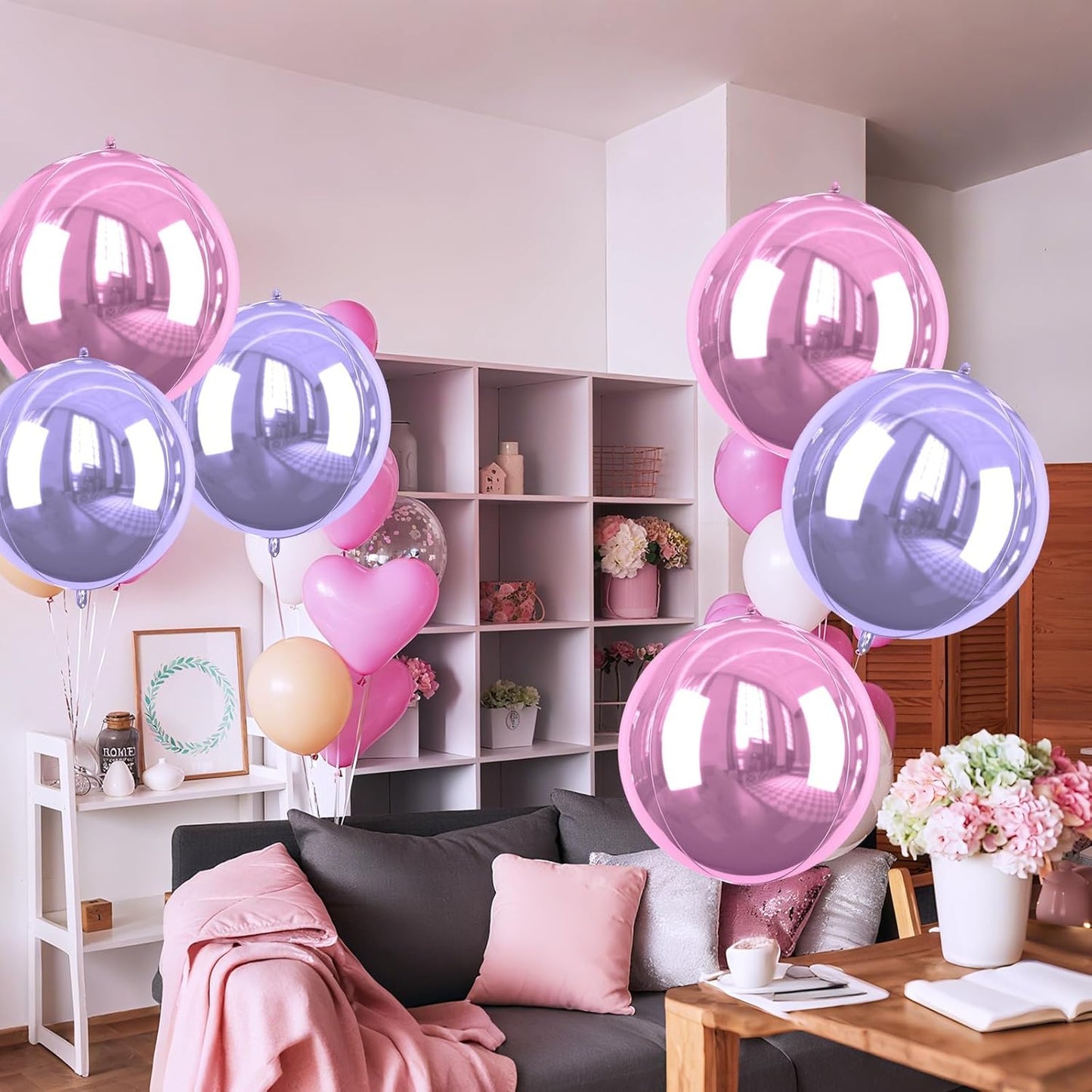 Pink Purple Giant 4D Foil Balloons, 6 Pcs Large Metallic Pink and Purple Round Balloons, 22 Inch Big Round Foil Balloon for Wedding Prom Birthday Party Baby Shower Decorations