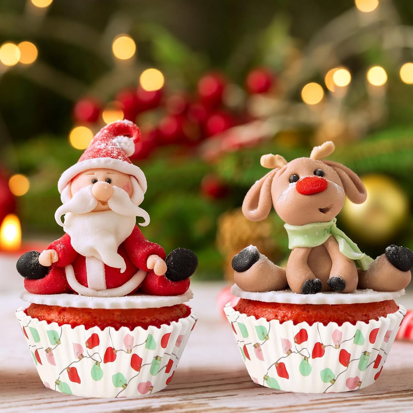 Whaline 300Pcs Christmas Paper Baking Cups Light Bulb Cupcake Liners Xmas Winter Muffin Liner Cake Paper Cups Storage Container for Holiday Party DIY Craft, 2 x 1.2 Inch
