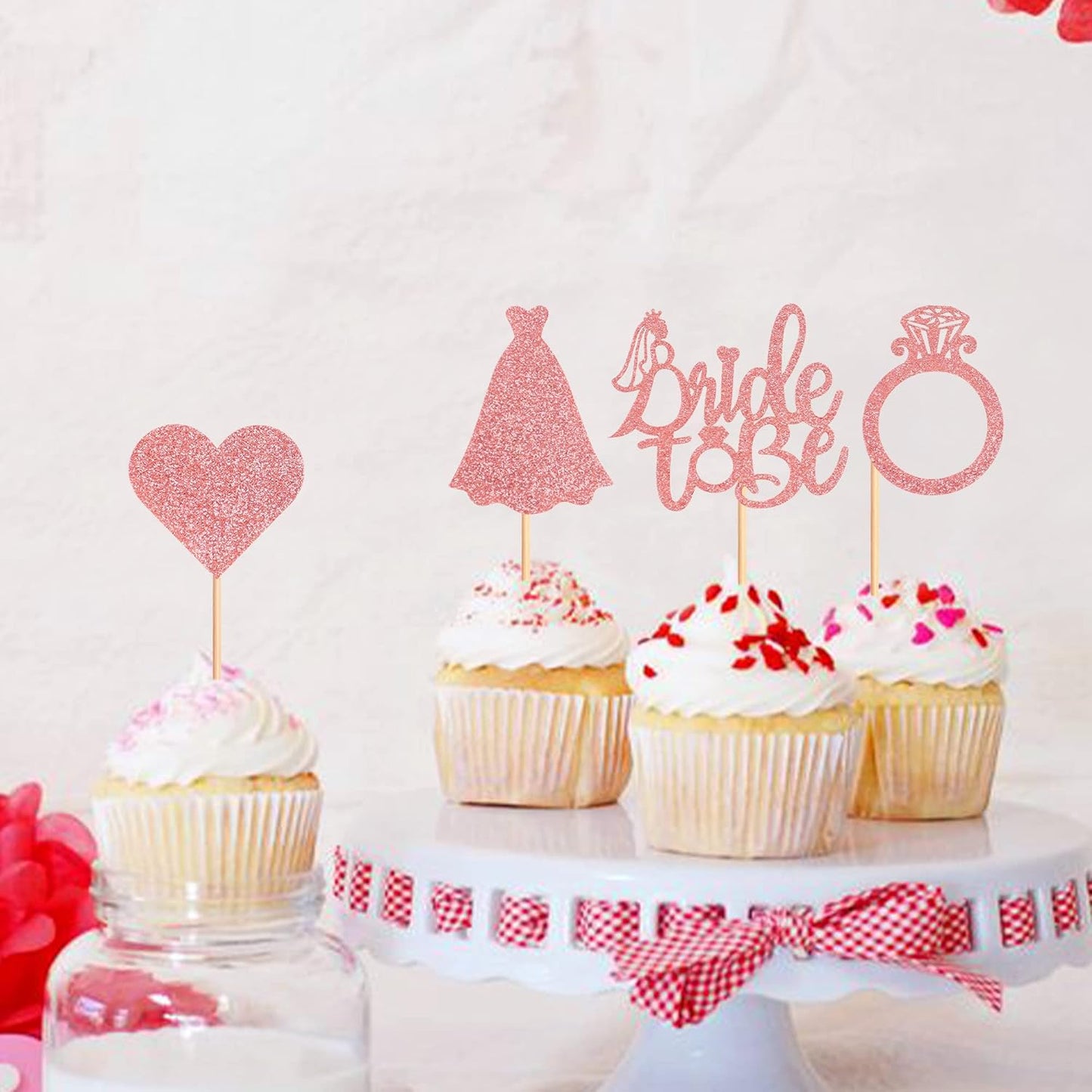 Pack of 24 Bride to Be Cupcake Toppers with Heart Ring Dress Bridal Shower Cupcake Picks Wedding Engagement Bachelorette Party Cake Decorations Supplies - Rose Gold Glitter