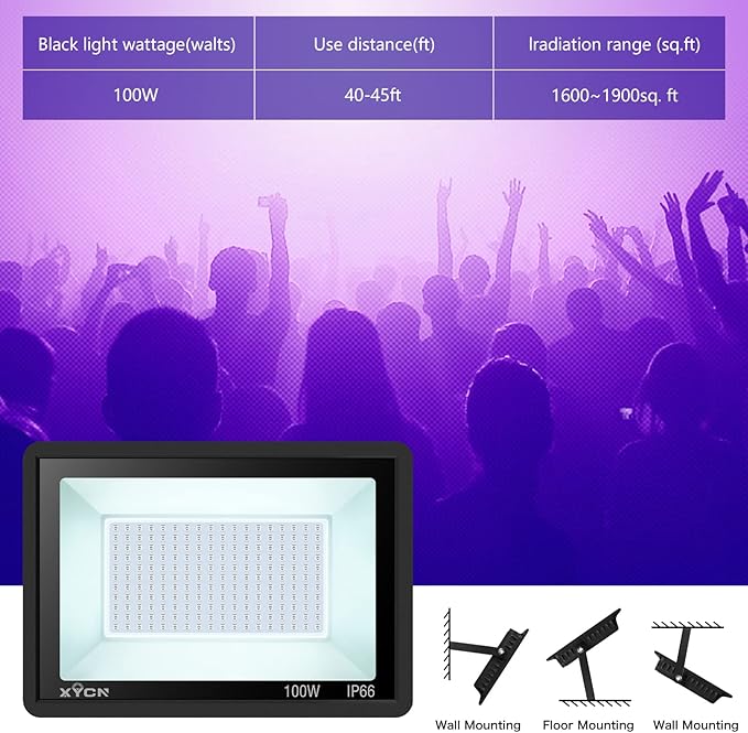 3 Pack 100W LED Black Light, Blacklight Flood Light with Plug and Switch, IP66 Waterproof Neon Glow for Party, Halloween, Fluorescent Poster, Body Paint, Aquarium