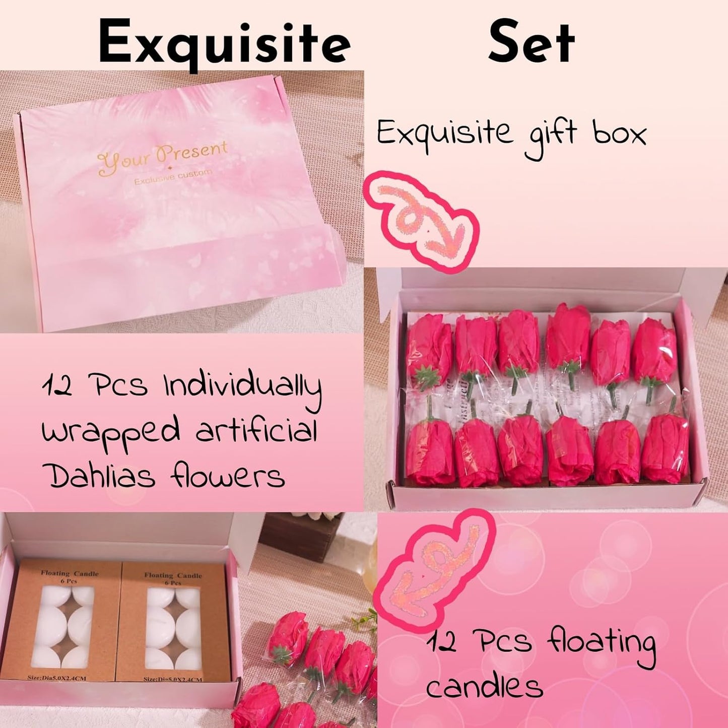 24 Pcs Floating Candles for Centerpieces and Floating Flowers Artificial Flowers Head Vase Filler for Party Home Table Wedding Centerpieces Decoration (Pink)