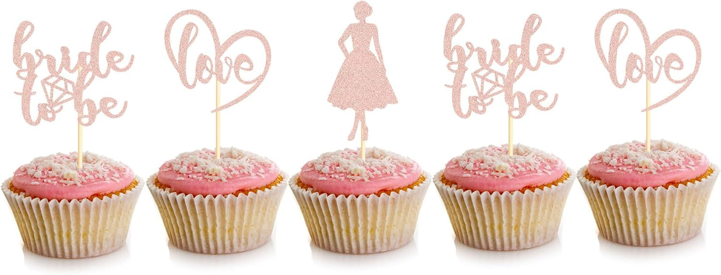 Sotpot 24PCS Bride to Be Cupcake Toppers with Heart Rose Gold Glitter Dress Bridal Shower Cupcake Picks for Wedding Bridal Shower Wedding Engagement Party Cake Decorations
