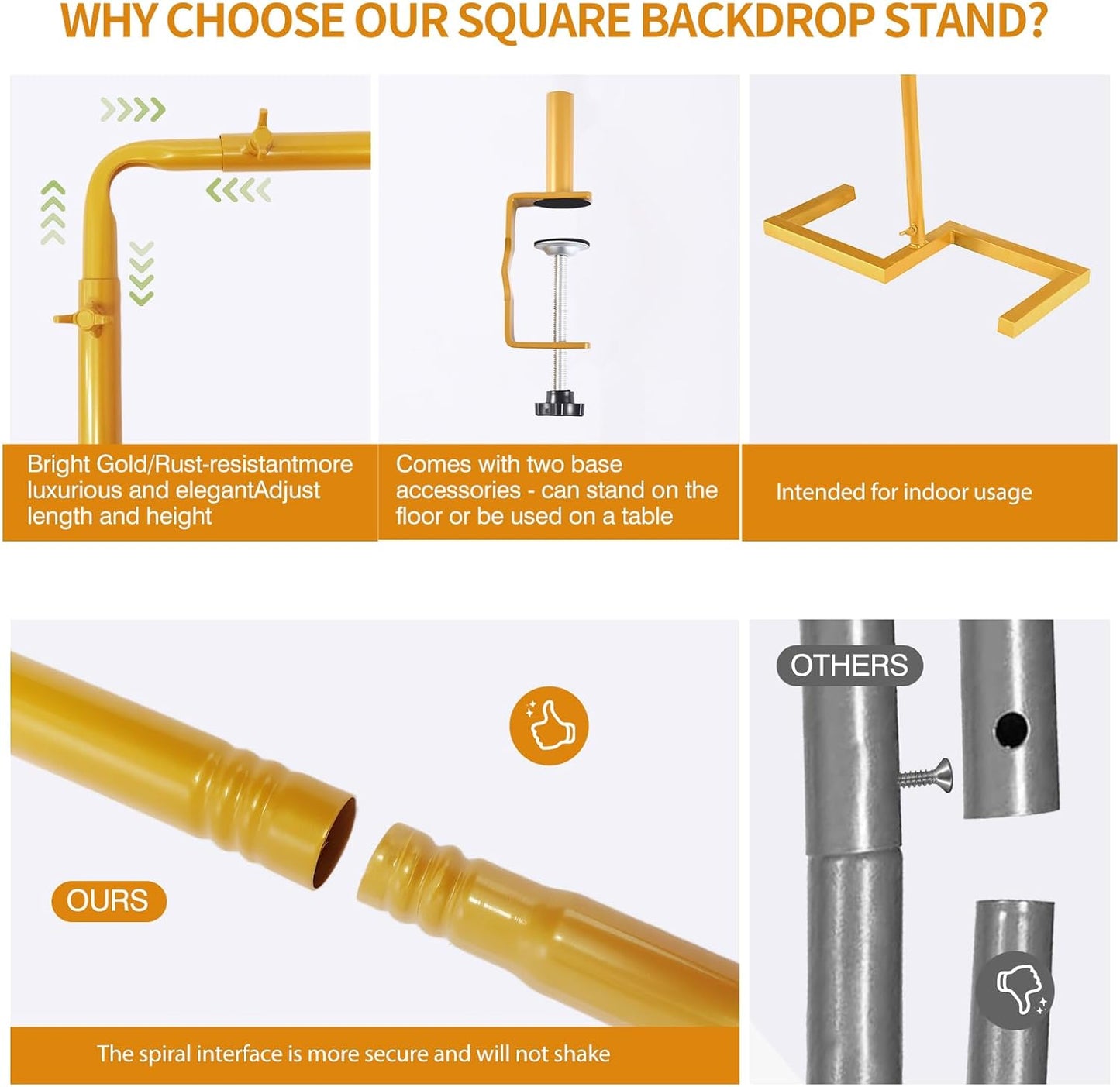 8.2FT Square Arch Backdrop Stand,Metal Gold Backdrop Stand Heavy Duty Adjustable,Extra 2 Clamps Change Over The Table Rod Stand,Wedding Balloon Arch Stand for Baby Shower Parties Decoration