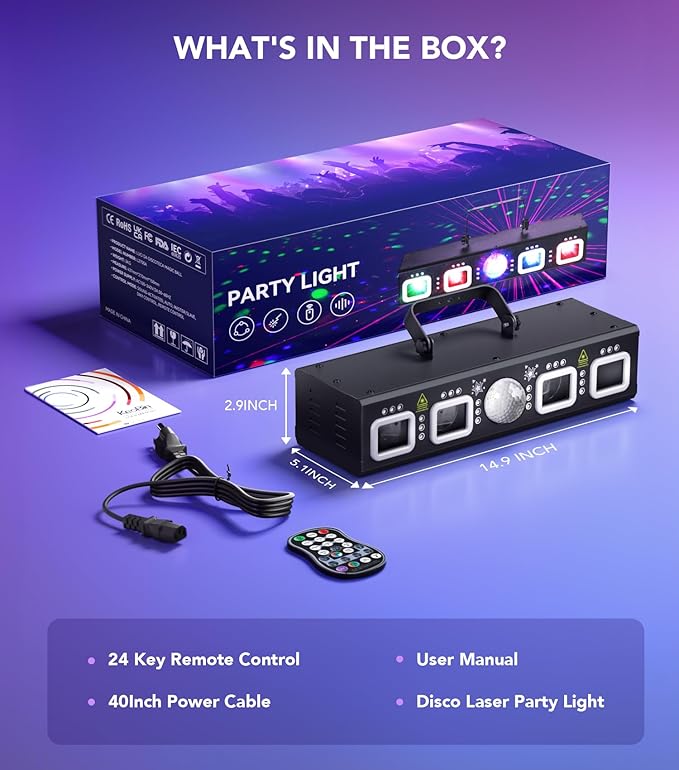 DJ Lights for Parties, Pro 6 in 1 DMX & Sound Activated Laser Light Show Machine with Disco Ball Light, RGBW & UV Strobe Party Lights Indoor for Rave Club Dance Bar Gig DJ Lighting