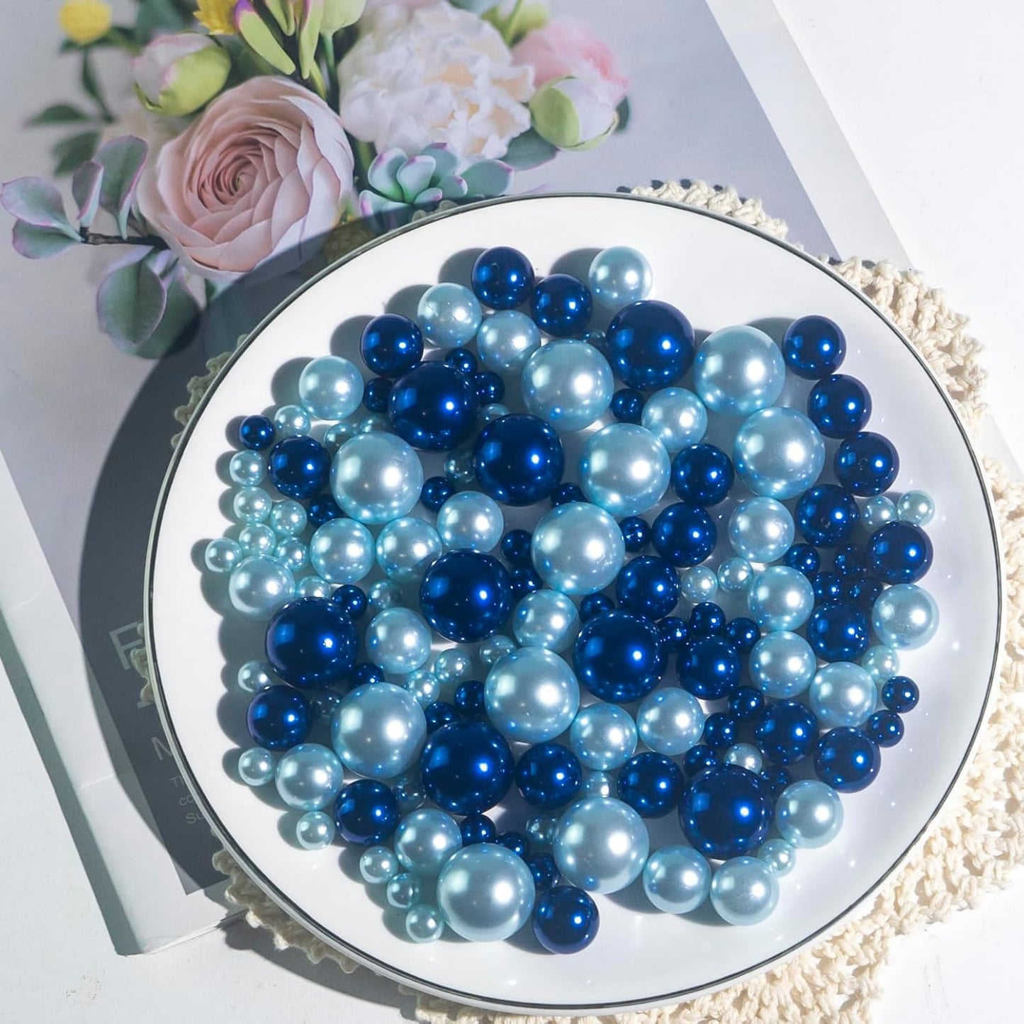 180PCS Navy & Light Blue Beads for Centerpieces Vases, No Hole Polished Pearl Makeup Beads Mixed 8/14/20mm Sizes, Pearl Vase Fillers Table Scatters for Party Wedding Decor