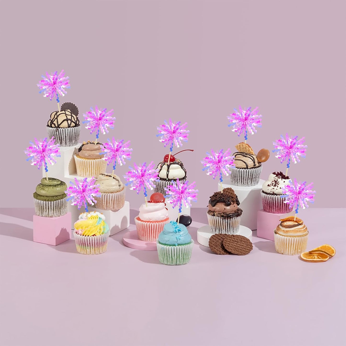 Gyufise 20Pcs Foil Firework Cupcake Toppers Happy Birthday Cake Toppers Sparkle Tinsel Flower Drink Stirrers Cocktail Food Fruit Toothpicks for Valentine's Day Party Supplies Rose Red