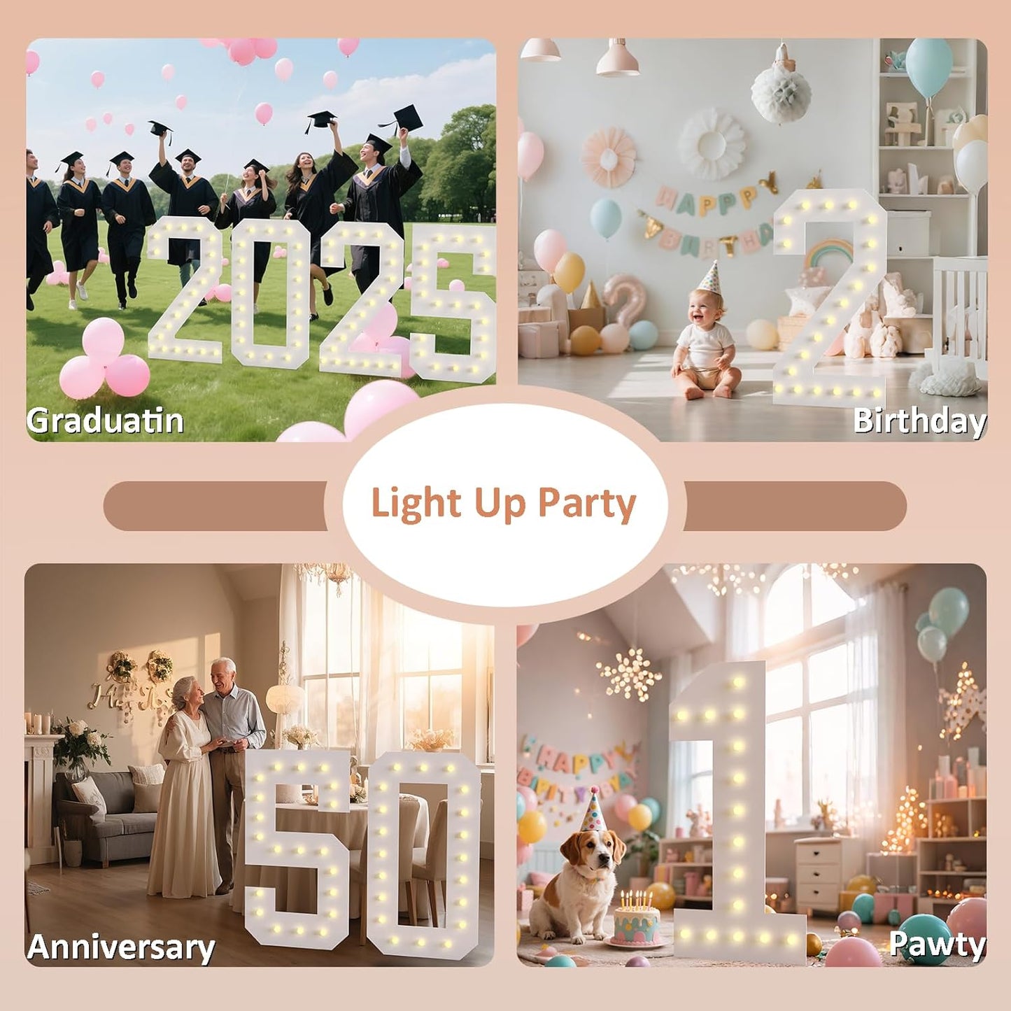 LOBOOM 4FT Light Up Numbers, Marquee Numbers 4 Feet Tall Giant Number 0 Mosaic Big Number Sign for 10th 30th 60th Birthday Party Backdrop Anniversary Decorations, Pre-Cut Large Frame