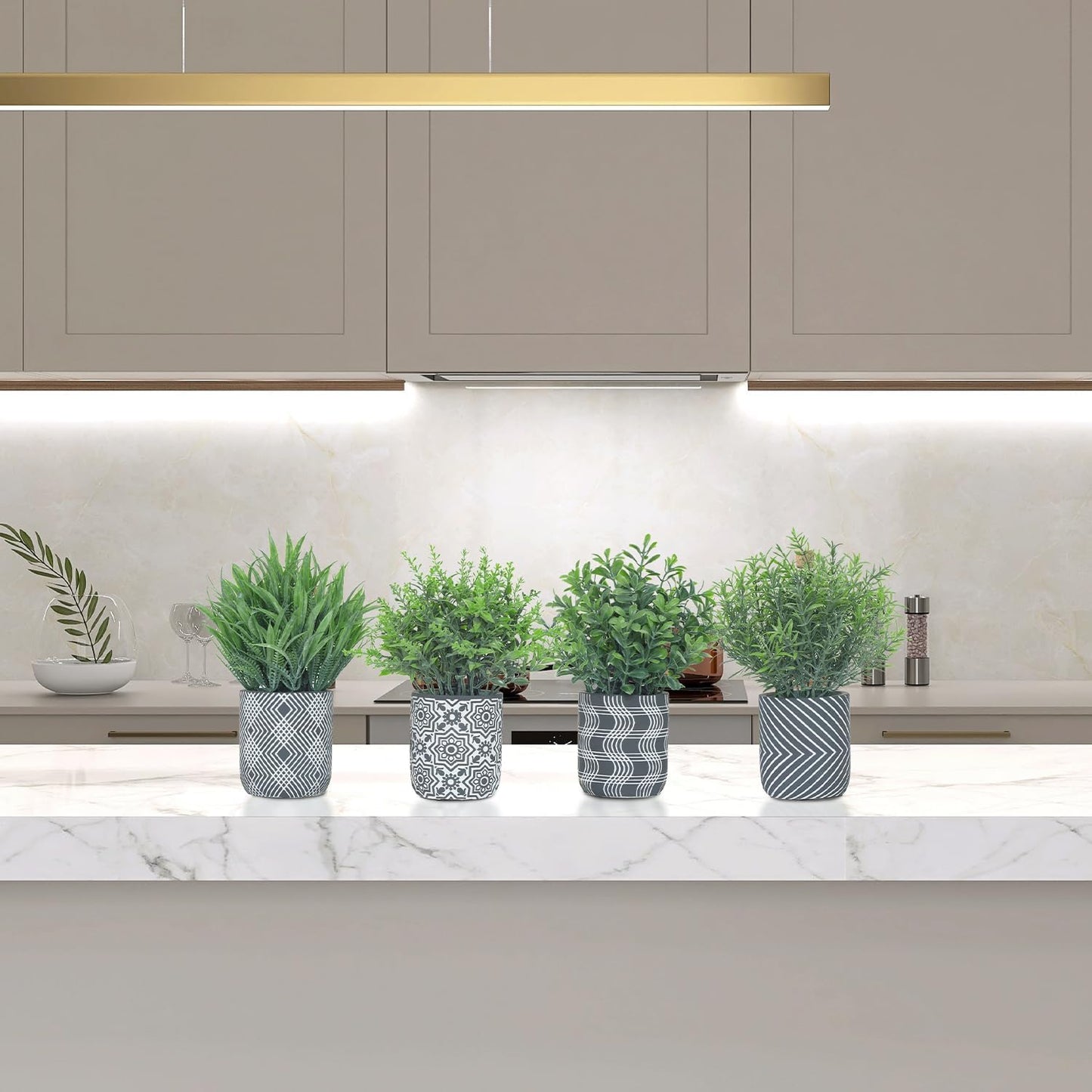 4 Pack Small Fake Plants, Fake Grass Plant, Artificial Boxwood & Rosemary, Lavender with Geometric Pattern Cement Pots, Small Potted Faux Greenery for Home Decor, Office, Indoor&Outdoor Decor