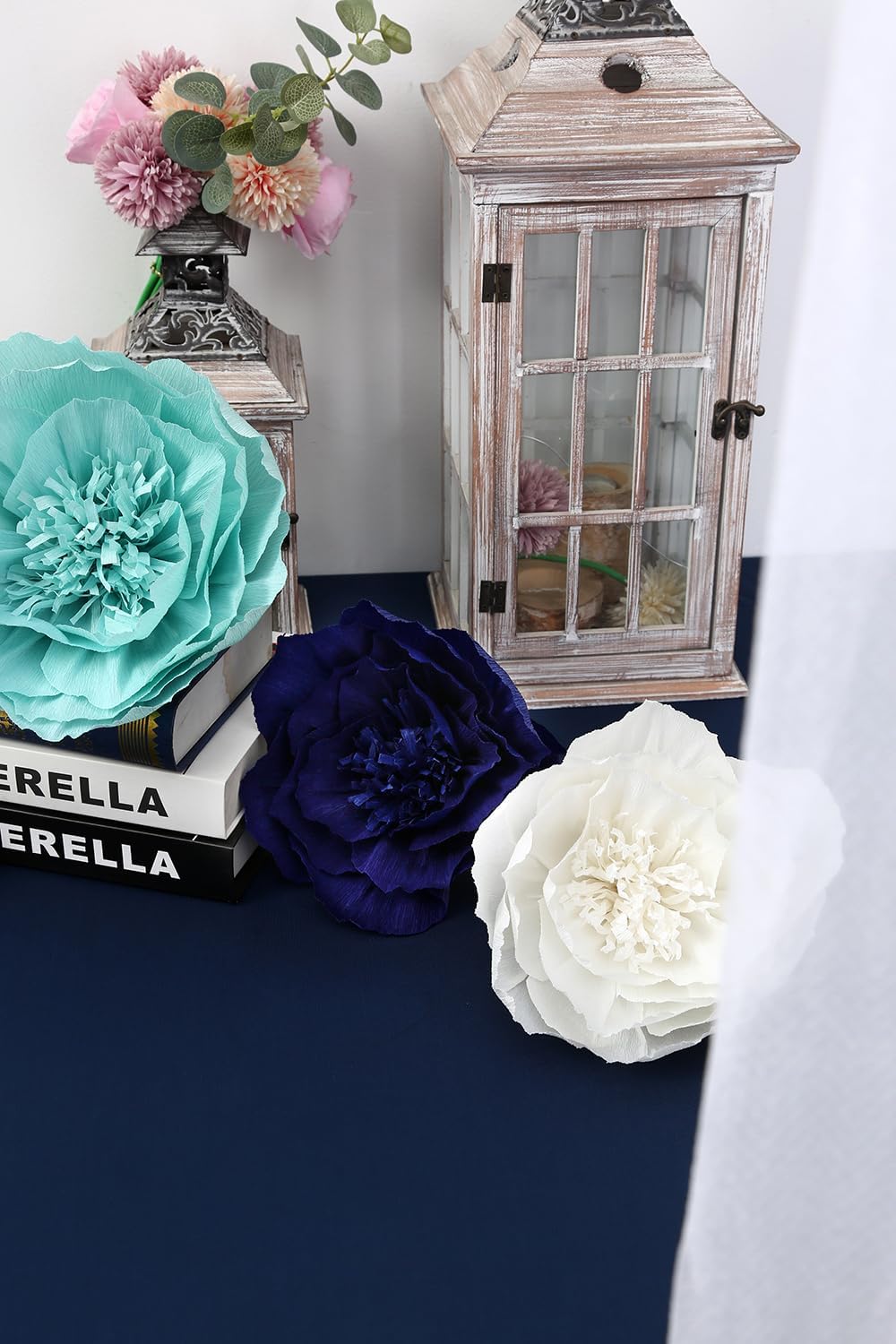 Paper Flower Decorations for Wall, Navy Blue Wedding Backdrop, Baby Boy Nursery Wall Decor, Bridal Shower, Nautical Theme Birthday Party (Navy Blue, Light Blue, White, Set of 6)