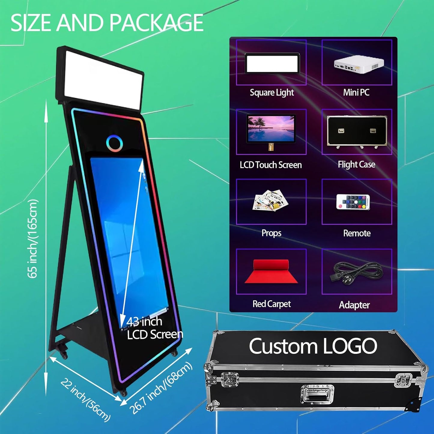 65''Magic Mirror Photo Booth Machine,Mirror Photo Booth 43''Touch Screen,Photo Booth with Flight Case,App Control,RGB Light for Wedding Party Events (Black, Machine+Camera)