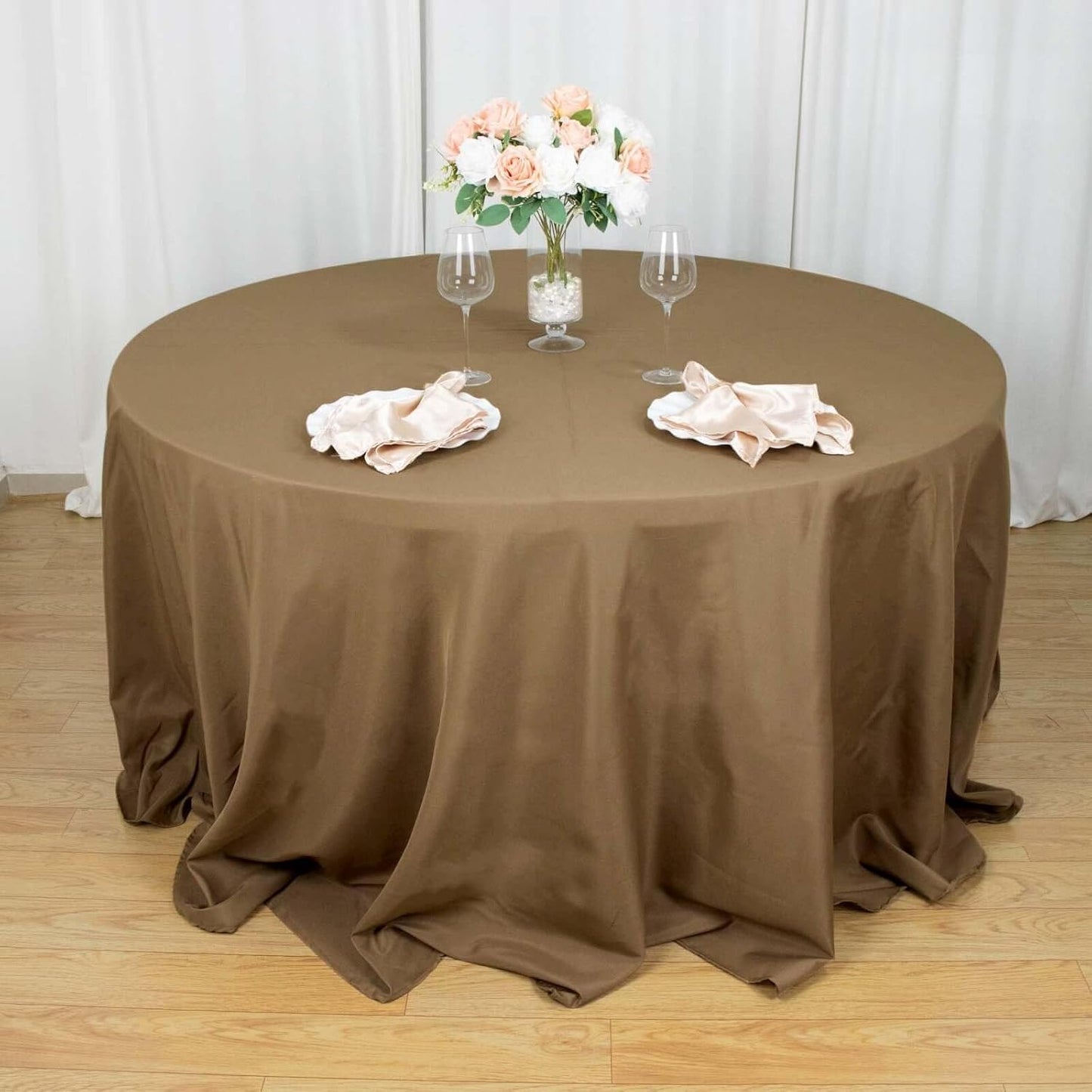 Efavormart Round Tablecloth, 132 Inch Stain & Wrinkle Resistant Washable Table Cloth, Decorative Polyester Fabric Table Cover for Banquet, Wedding, Dining- Taupe