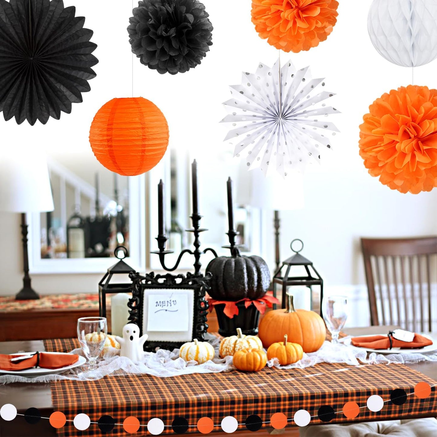 Black-White Orange Happy-Halloween Party-Decorations - 21pcs Birthday Banner,Paper Lanterns Honeycomb,Tissue Pom Poms Flower Fan,Kids Classroom Hanging Streamers Garland Decor Supplies Huglony