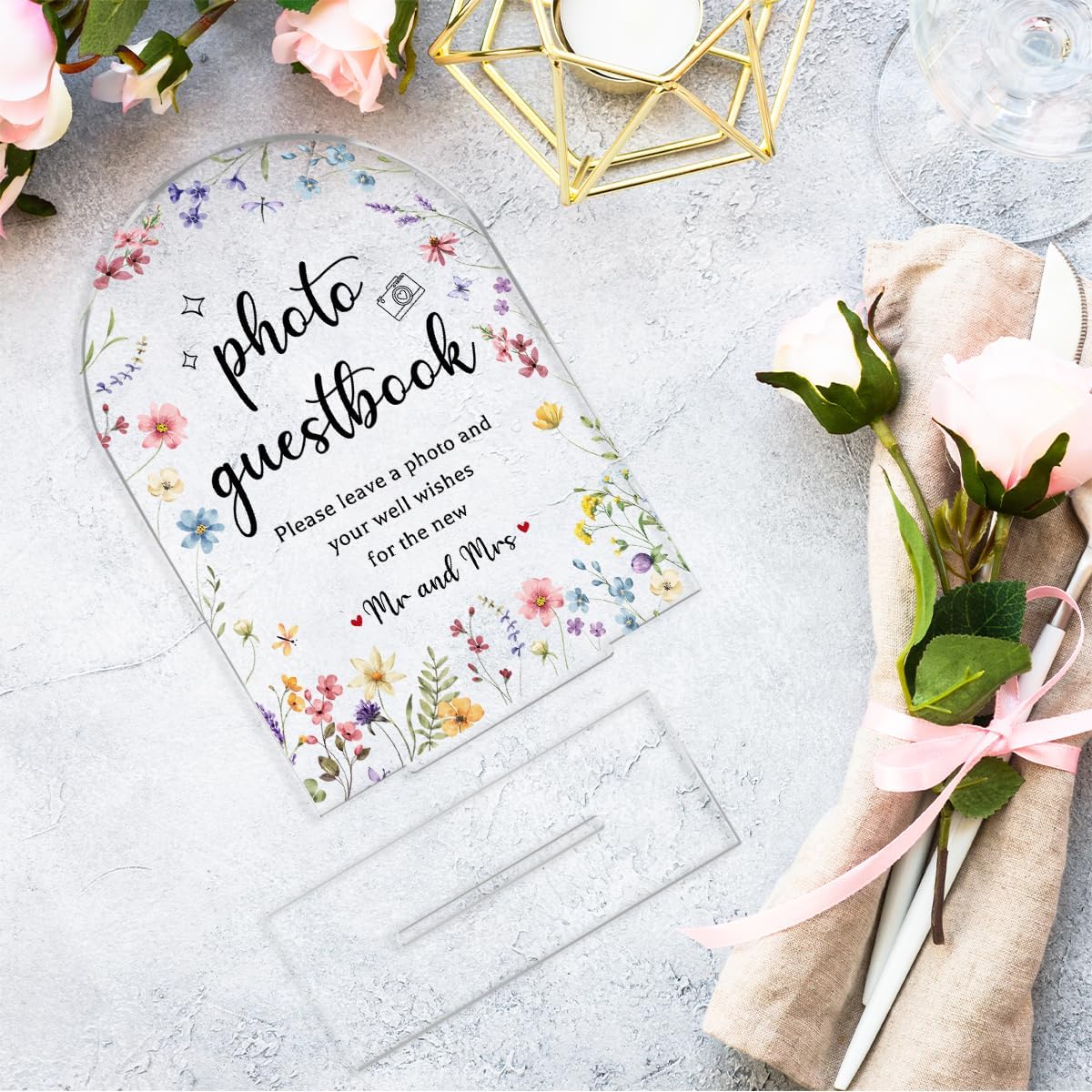 Wedding Sign Decor, Photo Guest Book Sign, Arch Acrylic Wedding Sign for Reception & Event, Bridal Shower Decorations, Wedding Table Sign Accessories for Anniversary And Event 5x7 Inch (Flower)