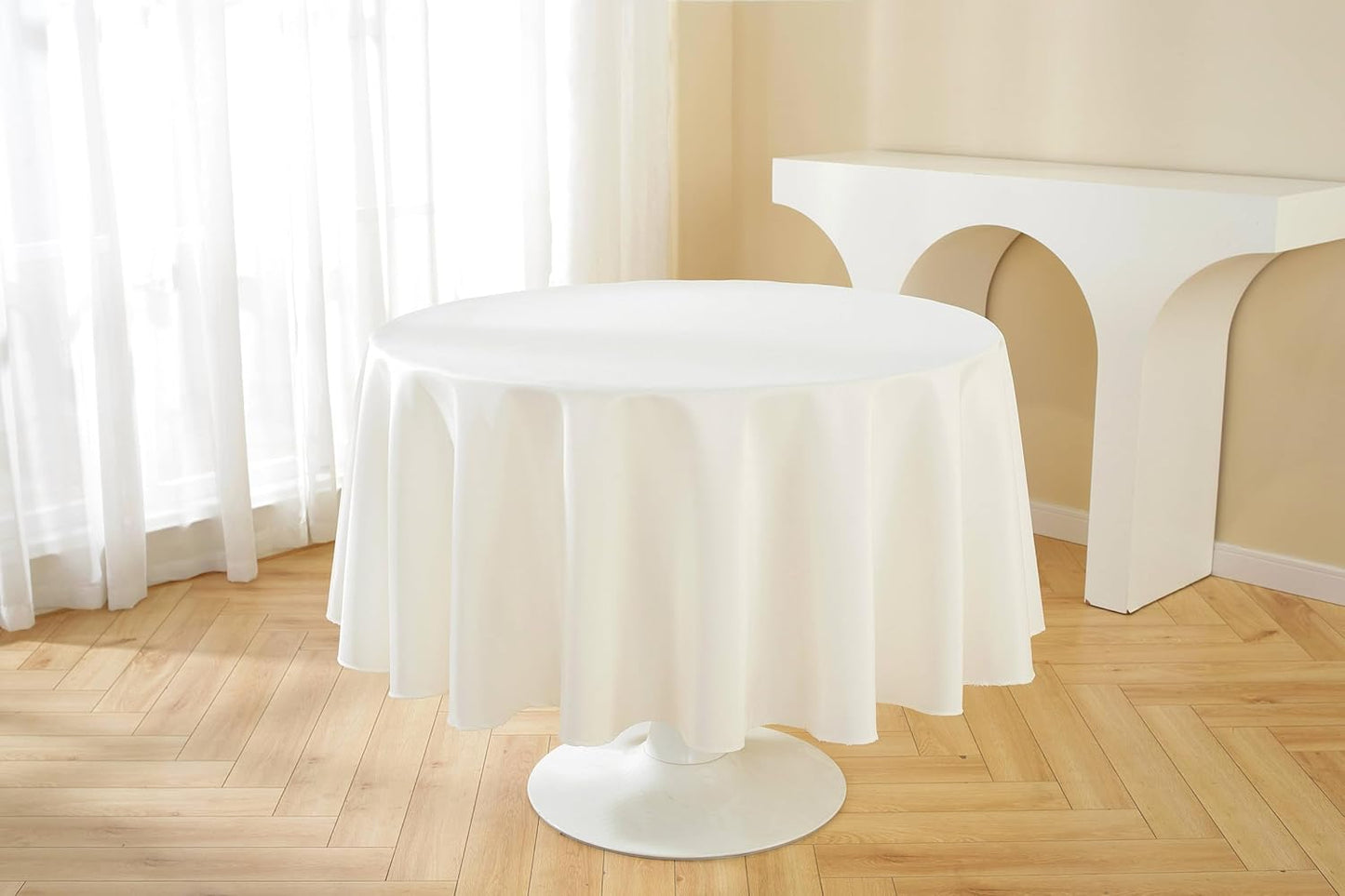 Craft And Party Round Tablecloth, 120 Inch Ivory Tablecloth, Polyester Fabric Washable Table Cloth for Home, Party, Wedding or Restaurant Use.