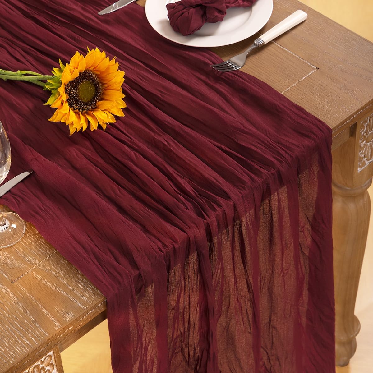 Burgundy Red Cheesecloth Table Runner Fall Table Runner Boho Gauze 120 Inches Red Cheese Cloth Fall Table Decorations for Thanksgiving Christmas Weddings Bridal Shower Candlelight