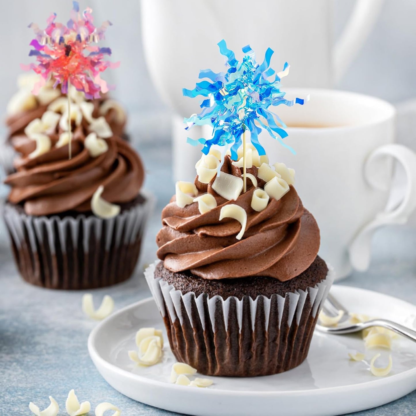 30 PCS Foil Firework Cupcake Toppers Sparkle Tinsel Cake Toppers for Colorful. Tinsel Drink Cake Decoration, Cocktail Food Fruit Toothpick for Cake Decoration Party Supplies