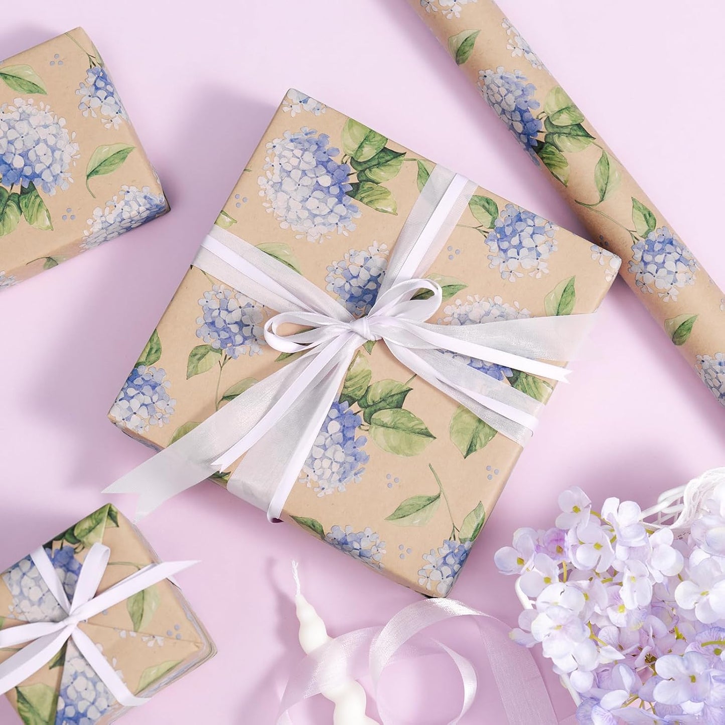 RUSPEPA Hydrangea Wrapping Paper for Women Girls, Mini Roll, Delicate Blooming Floral Gift Wrap, Aesthetic Purple Flower Kraft Paper for Spring, Wedding, Mother's Day, Birthday, 17 Inch x 16.4 Feet