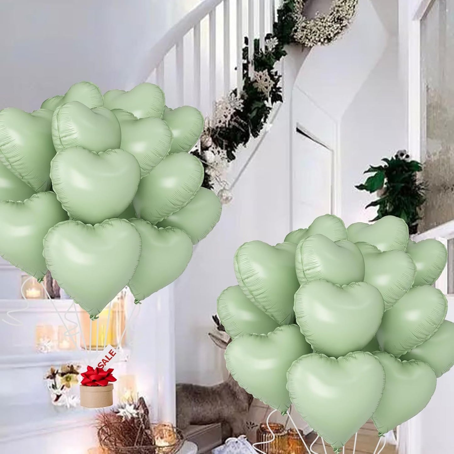 Green Heart Ballloons,18 Inch Pastel Green Foil Love Heart Shaped Balloons 12Pcs Light Green love balloon for Anniversary Birthday Party Baby Shower Valentines Day Decorations