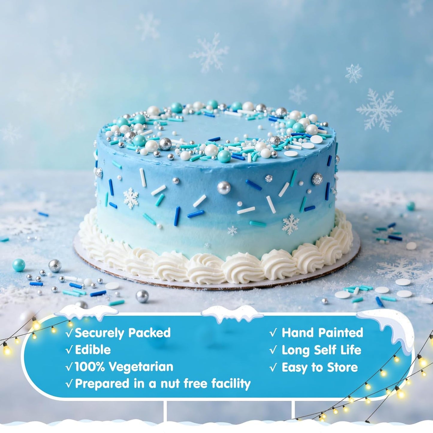 Edible Blue Silver White Sprinkles,Winter Jimmies Pearls Mix,130g/4.58oz,Perfect for Cake Decorations,Cake and Cupcake Sprinkles with Assorted Shapes and Sizes for Parties Baking, Ice Cream, Cookies, Cupcake Topper