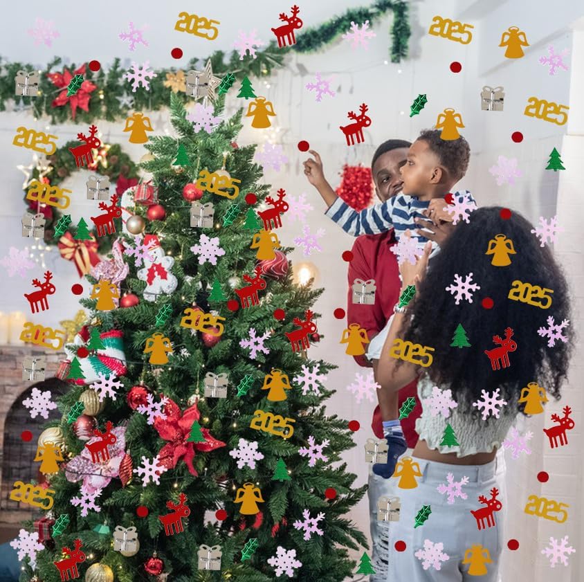 Christmas Day Confetti, Shape Glitter Metallic Foil Table Scatters Confetti Red Green White Party Decorations Table Sprinkles Snowflake Santa Elk for Christmas Party Supplies Decor