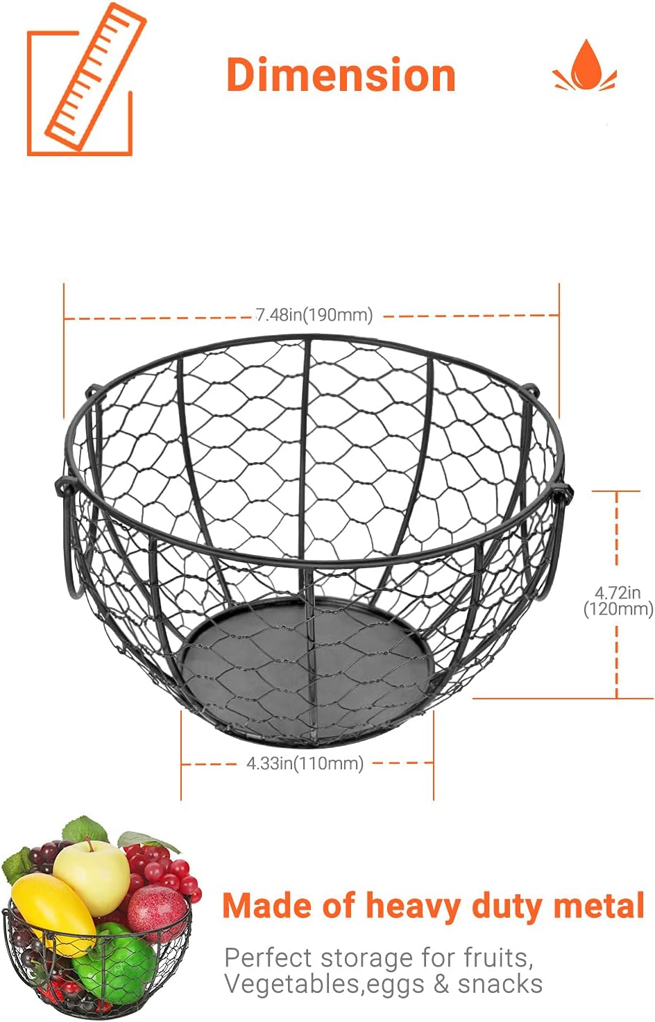 Round Wire Basket Black Fruit Basket Bowl Fruit Holder for Kitchen with Handle Black Home Storage for Vegetables, Snacks, Household Items Decor