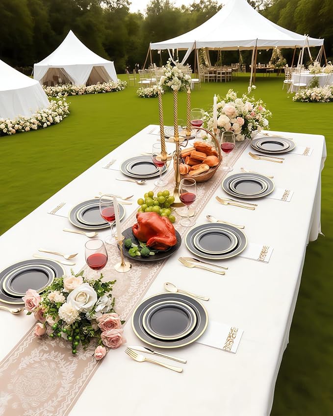 BESTSTAR 200PCS Black Plastic Plates Set with Gold Rim, 100 10.25 inch Dinner Plates and 100 7.5 inch Dessert Plates, Premium Disposable Plates forfor Party, Wedding, Holiday,And Halloween