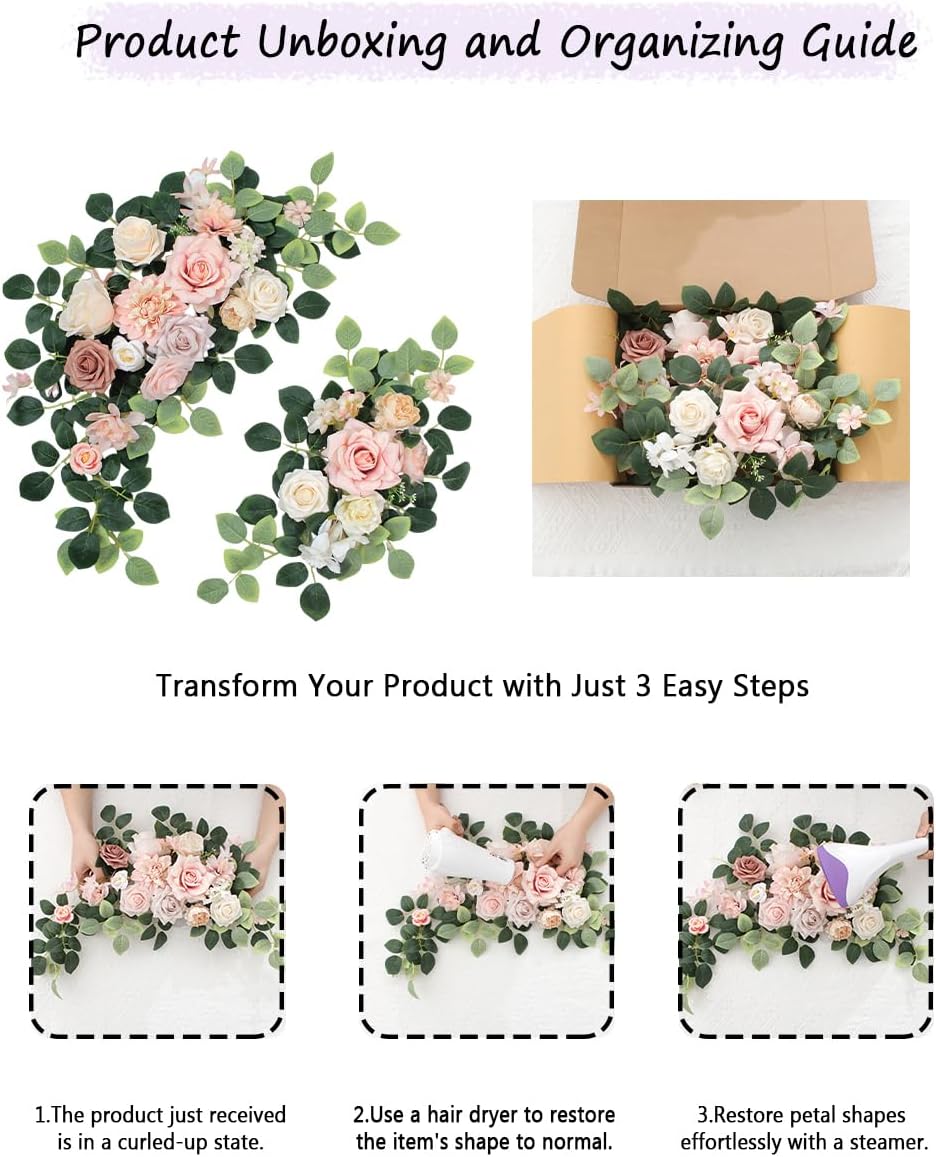 Pack of 2 Artificial Flowers for Backdrop Decoration, Wedding Arch Flowers,Reception Welcome Sign, Eucalyptus Garland, Suited to Aisle Decor and Wedding Arches(Champagne Pink)