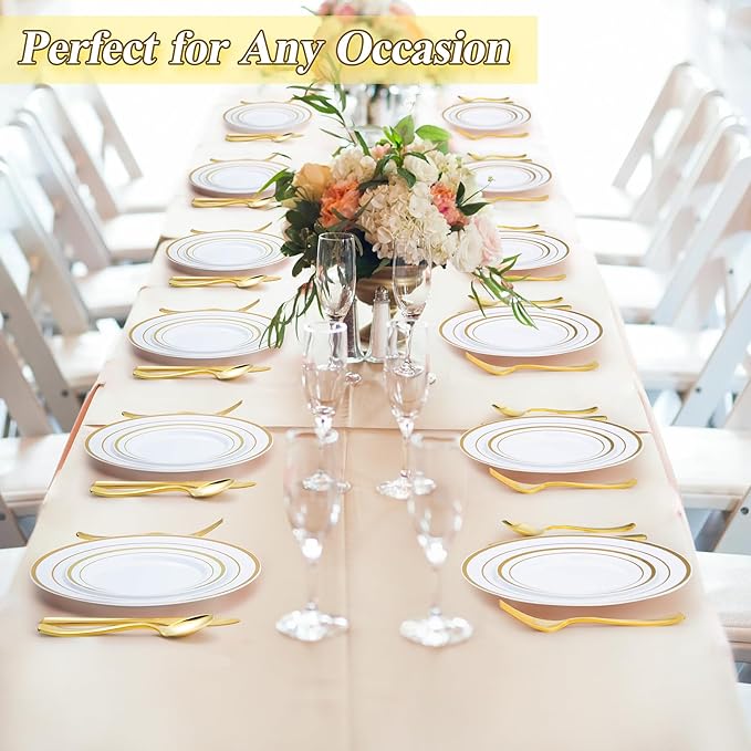 BESTSTAR 100PCS White Plastic Plates Set with Gold Rim, 50 10.25 inch Heavy Duty Dinner Plate and 50 7.5 inch Dessert Appetizer Plates, Premium Disposable Plates for Party, Wedding, Birthday