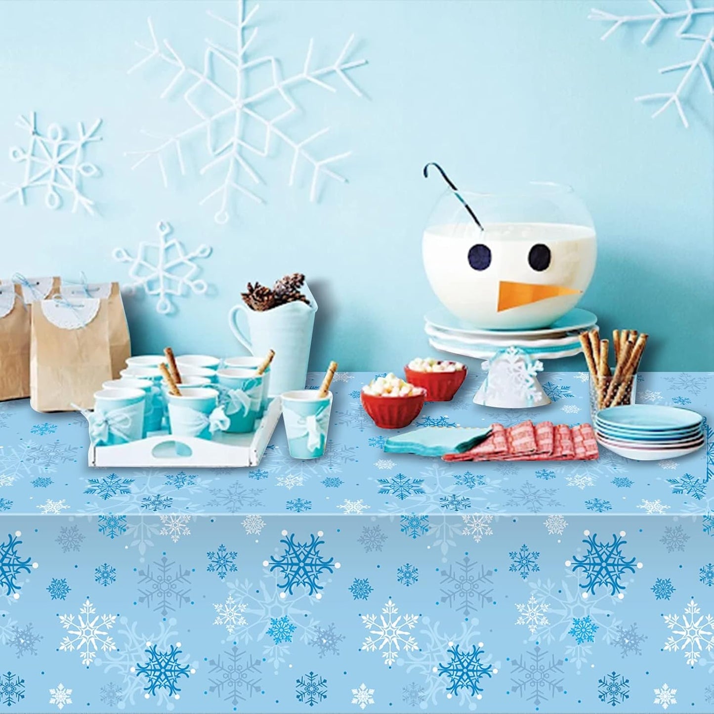 3 Pieces Snowflake Christmas Tablecloth, Plastic Ice Blue and White Winter Wonderland Table Cover for Holidays, 54x108 inch