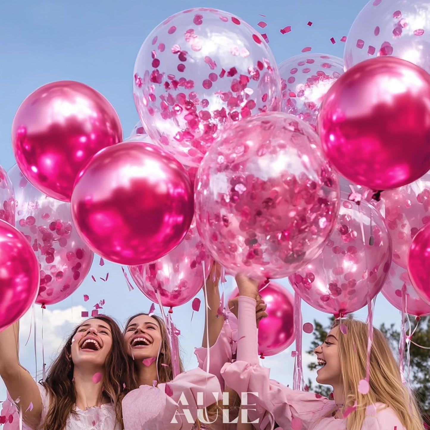 AULE Party Balloons Pack of 42 - Metallic Chrome Pink Balloons and Pink Confetti Latex Helium Balloons With 64ft Ribbons - 12 Inch Balloon Decoration Set