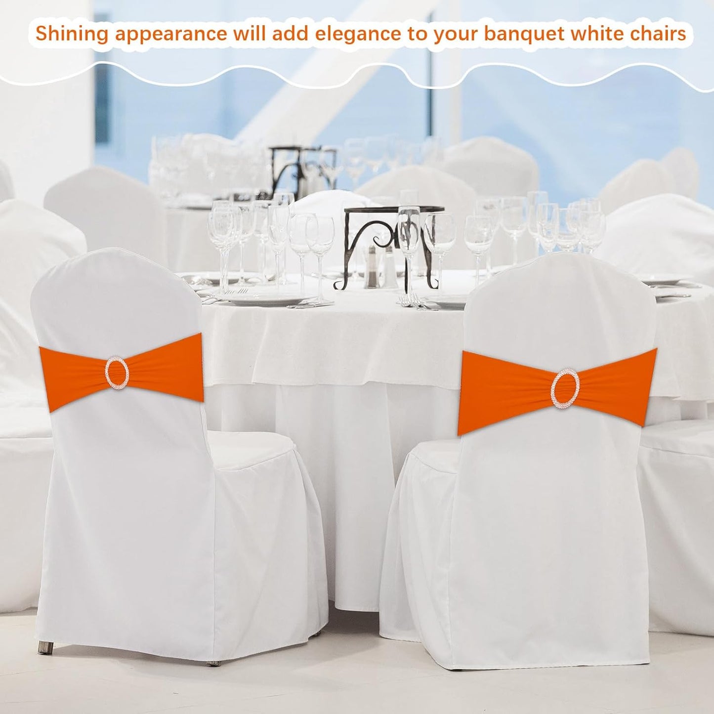 CHENGU 150 Pieces Spandex Stretch Chair Sashes Bows Elastic Chair Cover Bands Ties with Buckle Slider for Wedding Party Reception Events Universal Ceremony Banquet Decorations (Orange)