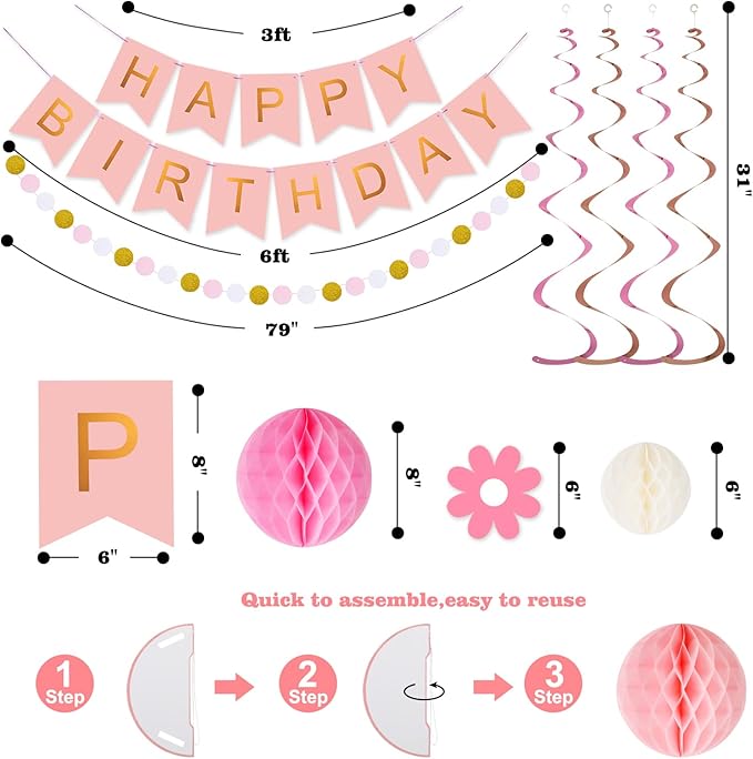 Meowtastic Pink Birthday Decorations - Happy Banner with Honeycomb Ball, Daisy Flower Hanging Swirl Streamer, Circle Dot Garland - Party Decoration for Women Girls