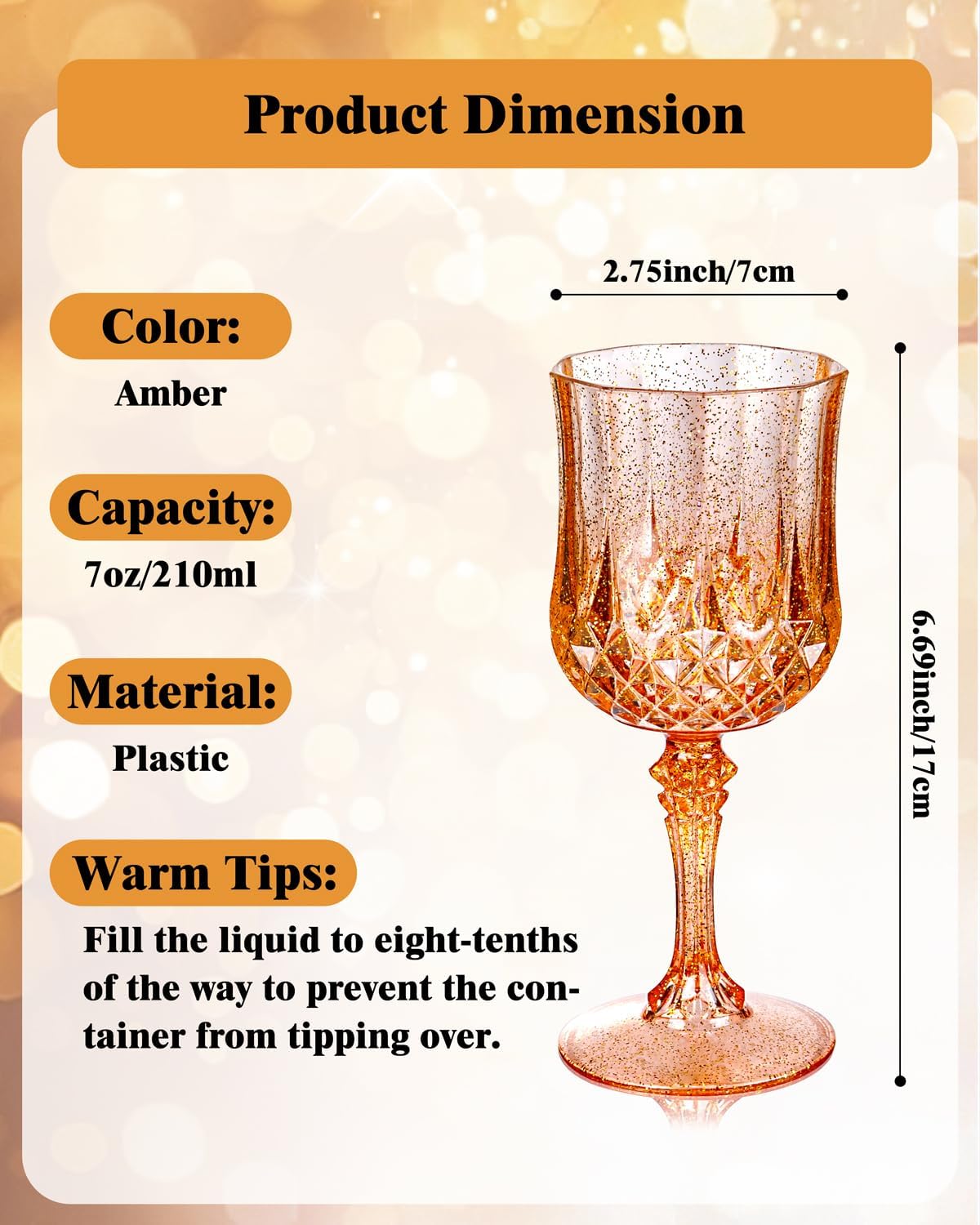 Ciaell 24PCS Rose Gold with Glitter Plastic Wine Glasses - 7 Oz Vintage Drinking Glasses with Rose Gold Glitter - Disposable Water Goblets Set for Party Wedding, Bar, Wine, Beer & Thanksgiving