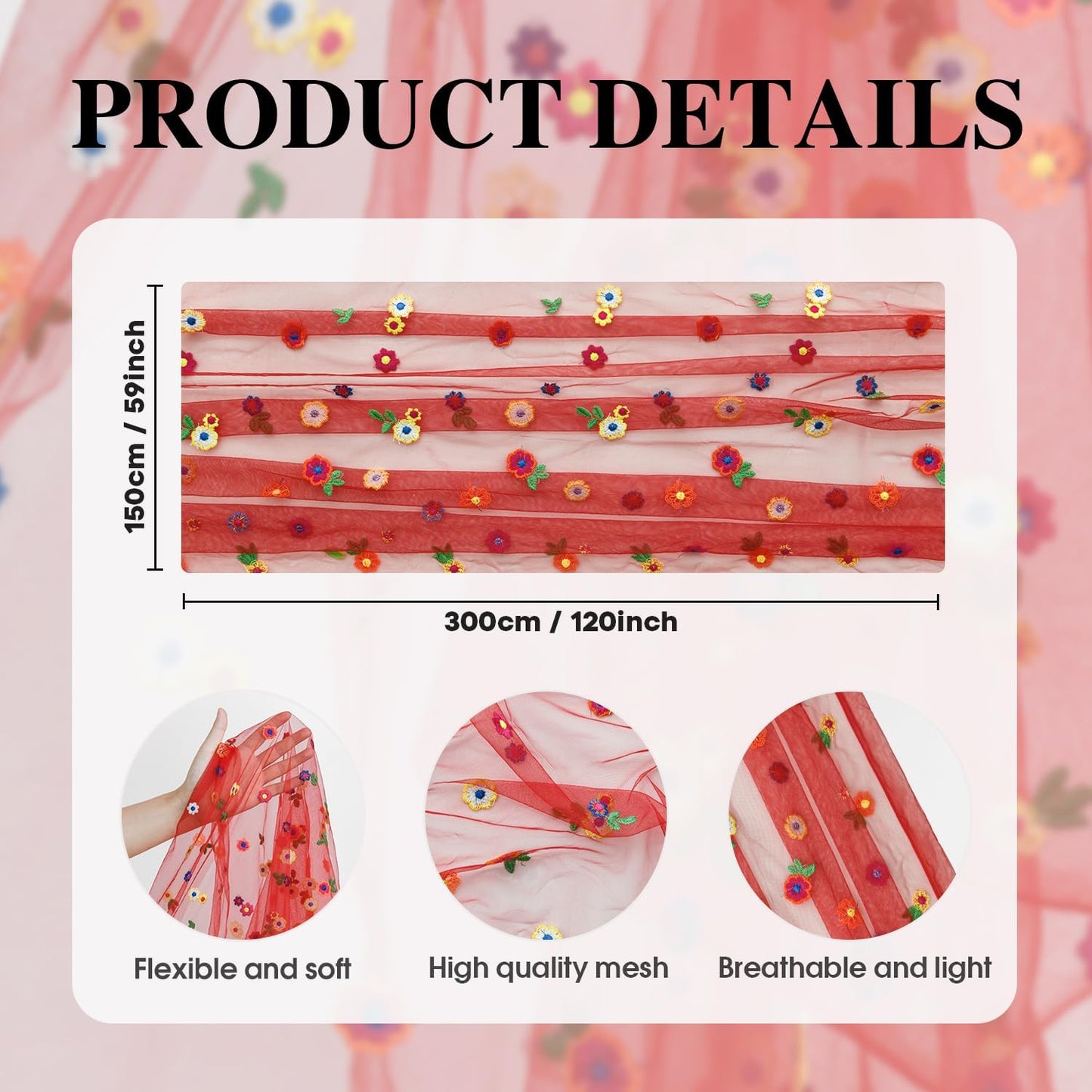 Artoid Mode 3PCS Red Embroidery Daisy Gauze Table Runner 120 Inch 10FT, Seasonal Sheer Dining Holiday Wedding Birthday Table Decor for Home Party