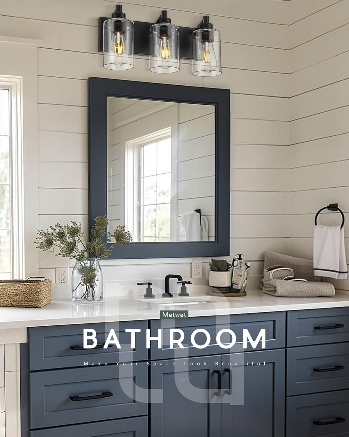 3-Light Bathroom Light Fixtures, Black Vanity Light with Cylinder Clear Glass Shade, Modern Vanity Lighting Fixtures Over Mirror, VL143-MB-3