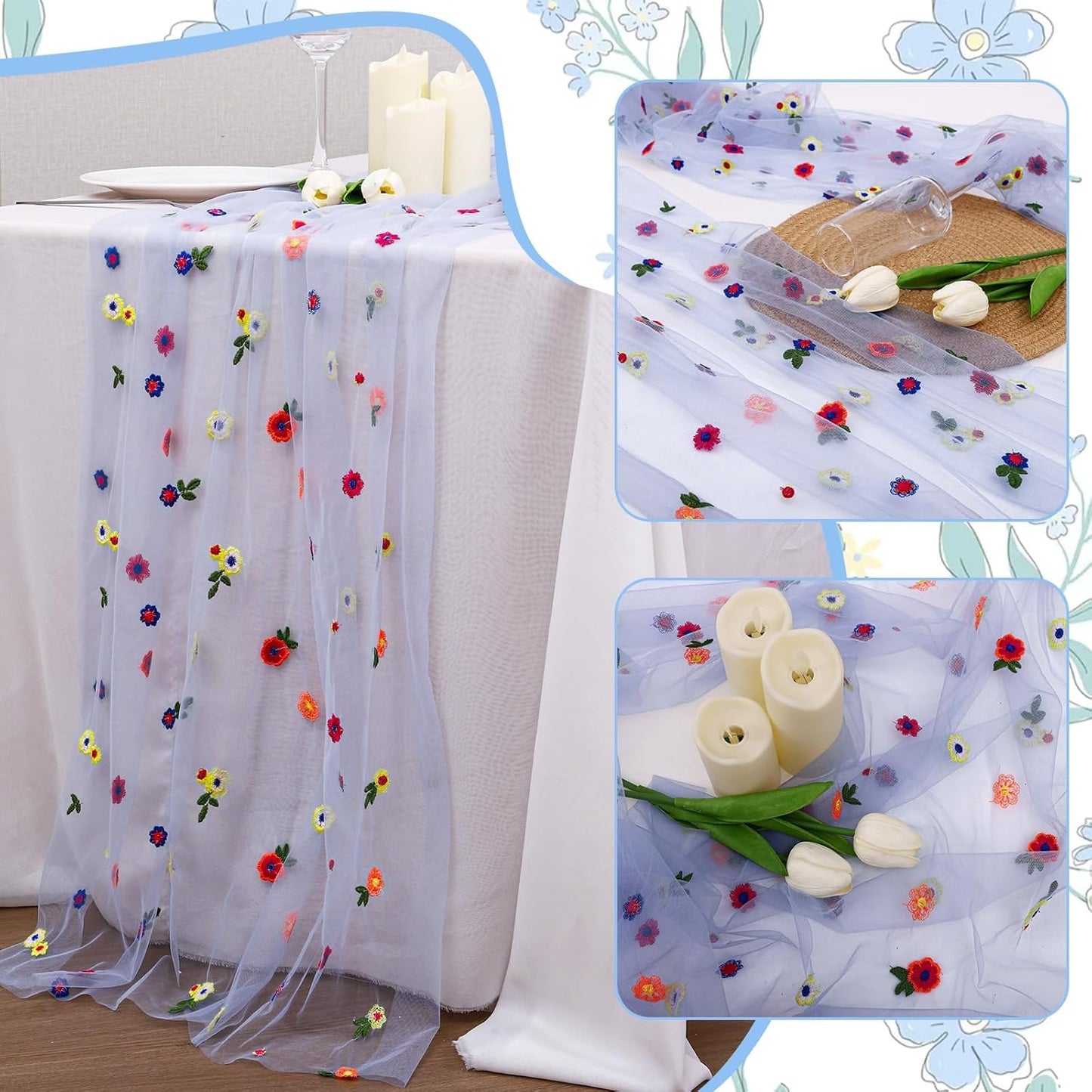 6PCS Blue Floral Table Runner 10 FT, Embroidery Daisy Table Runners Seasonal Sheer Tulle Table Runner for Thanksgiving Wedding Birthday Baby Shower Party 