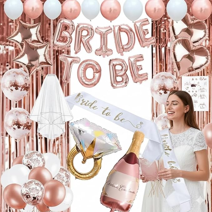 Bachelorette Party Decorations – 82 PCS Rose Gold Bride to Be Set with Foil Balloons, Confetti Balloons, Photo Props, Bride Sash, Veil, Champagne Balloon & Foil Curtain for Bridal Shower