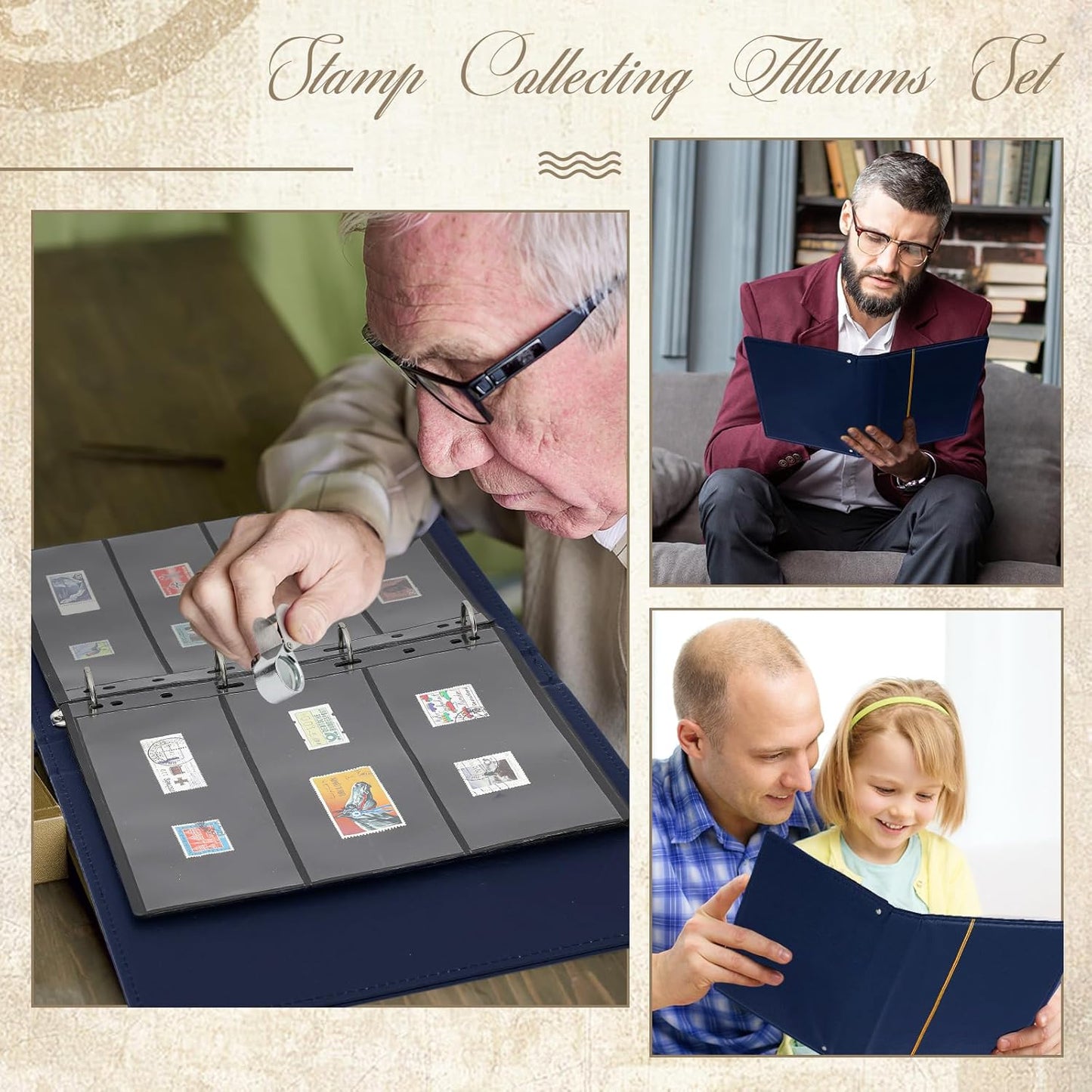 Lewtemi Stamp Collecting Albums Set Stamp Collection Book Include 20 Pages Album Binder Tweezer and Loop Magnifier Collecting Supplies for Collectors(Blue,1/2/3/4 Rows)