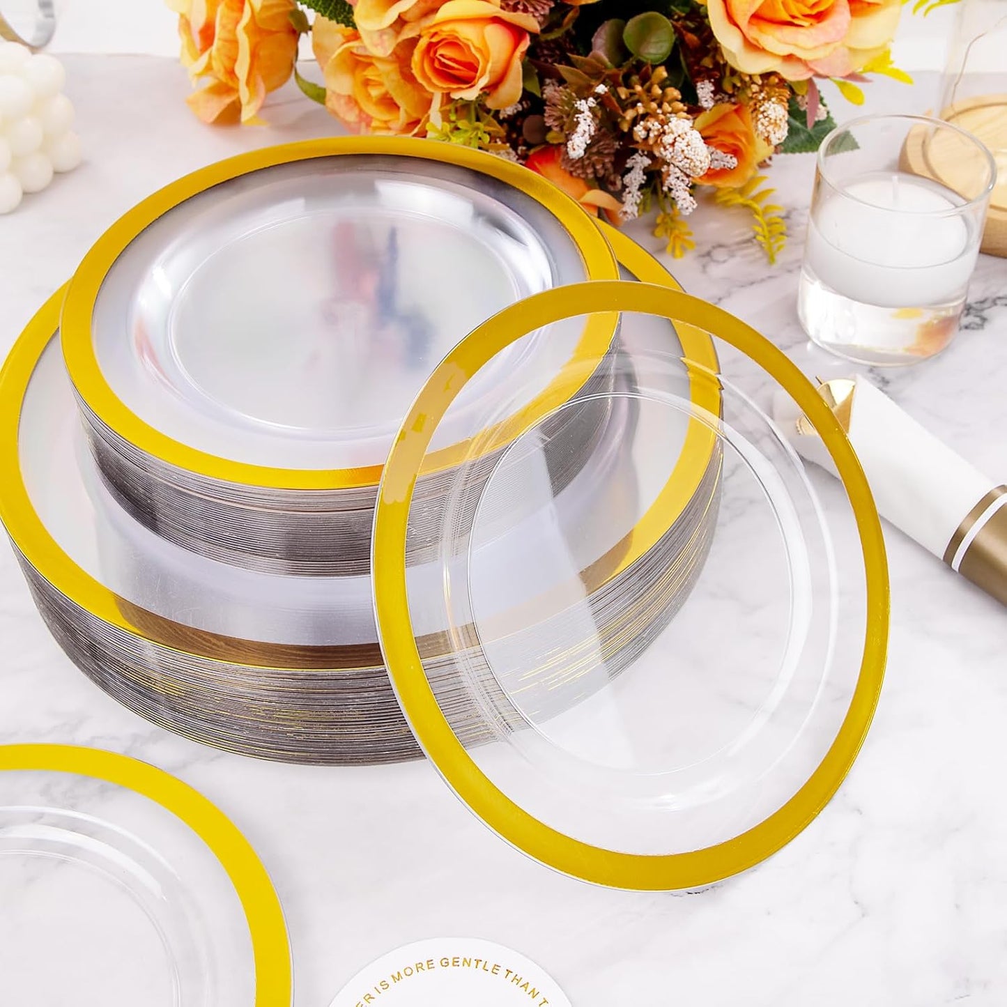 Rubtlamp 350 Pcs Clear Gold Plastic Plates, Disposable Dinnerware, Clear-Gold Plates Set Include 50 Dinner Platos 50 Dessert Platos, 50 Cups, 50 Pre Rolled Napkins with Cutlery Set for Party
