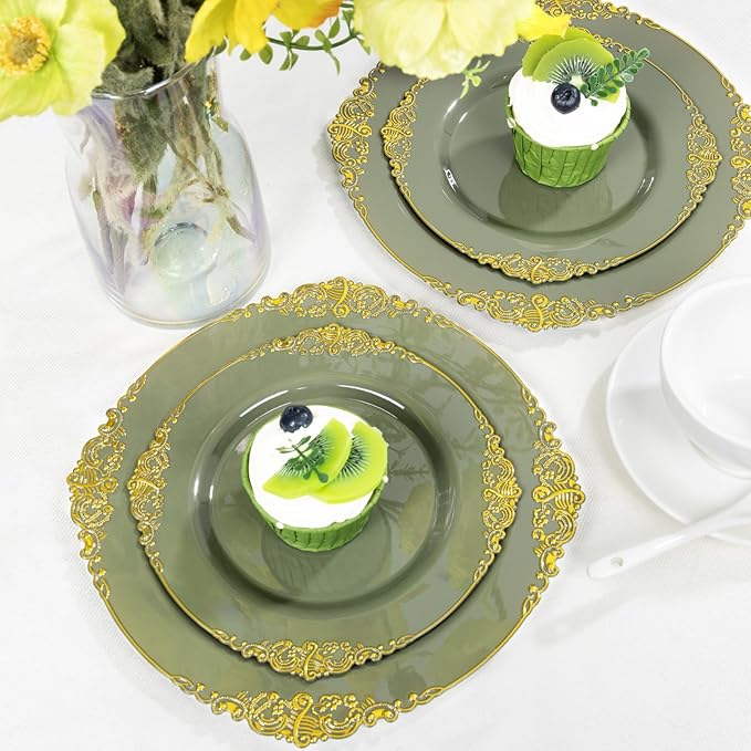 125PCS Olive Green Plastic Plates - Green and Gold Disposable Plates - Vintage Plate with Gold Plastic Silverware Sets for 25 Guests for Wedding & Party