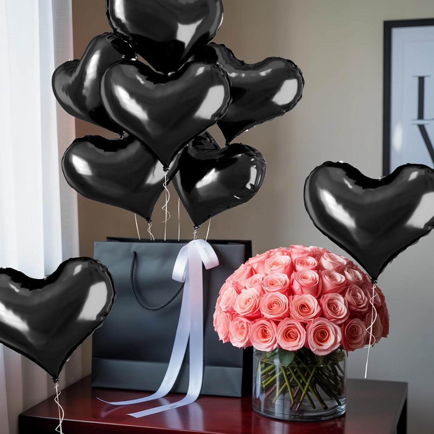 24 Inch Black Heart Balloons, Heart Shaped Foil Balloons, Black Engagement Love Helium Balloon for Valentines Day Bridal Shower Anniversary Wedding Birthday Party Decorations