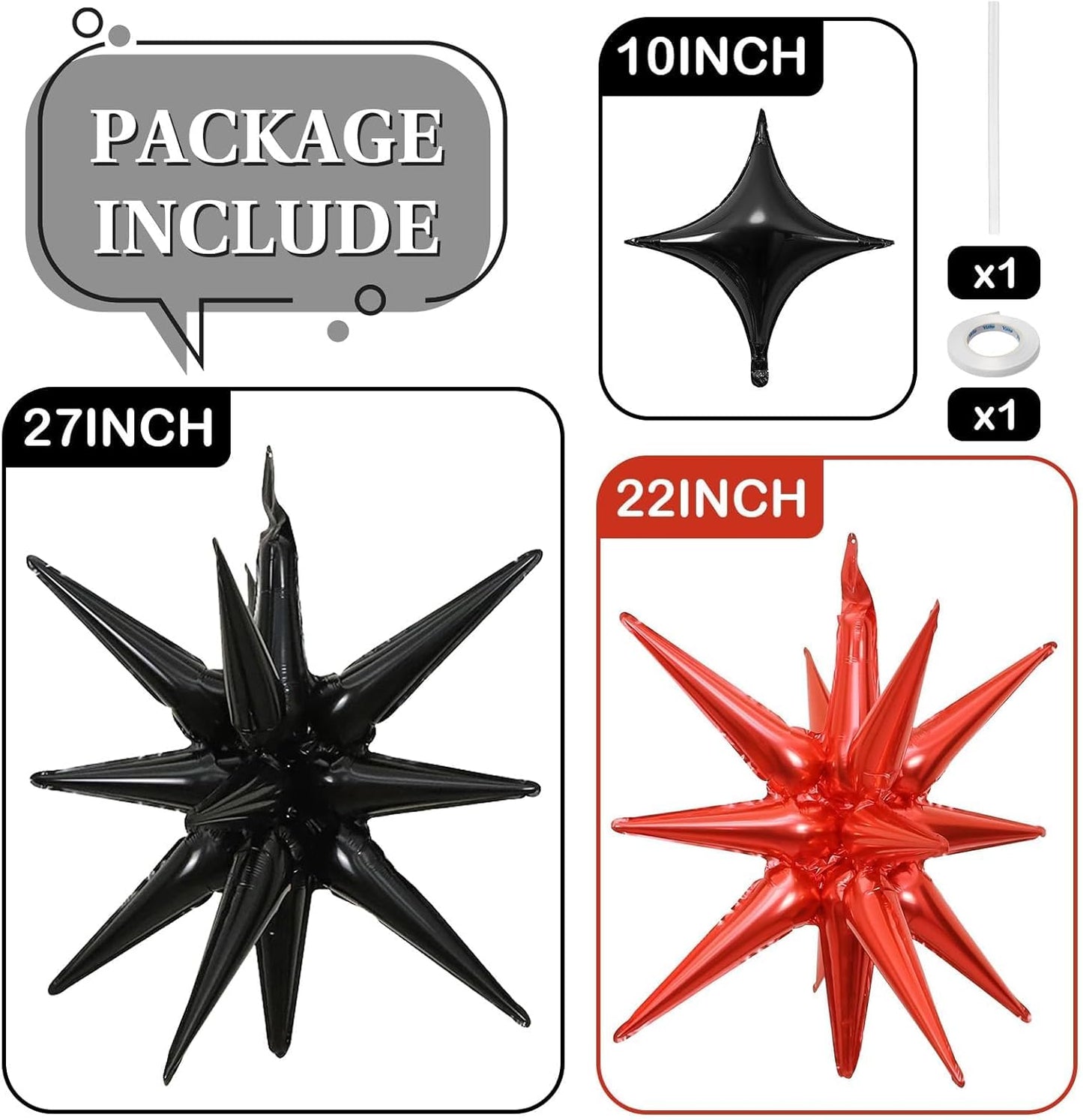 Black Red Star Balloons 12pcs, 27/22 Inch Foil Star Explosion Balloons, Large Spike Mylar Cone Balloon, Fireworks Shape Balloon Decor for New Year Casino Night Racing Car Theme Prom