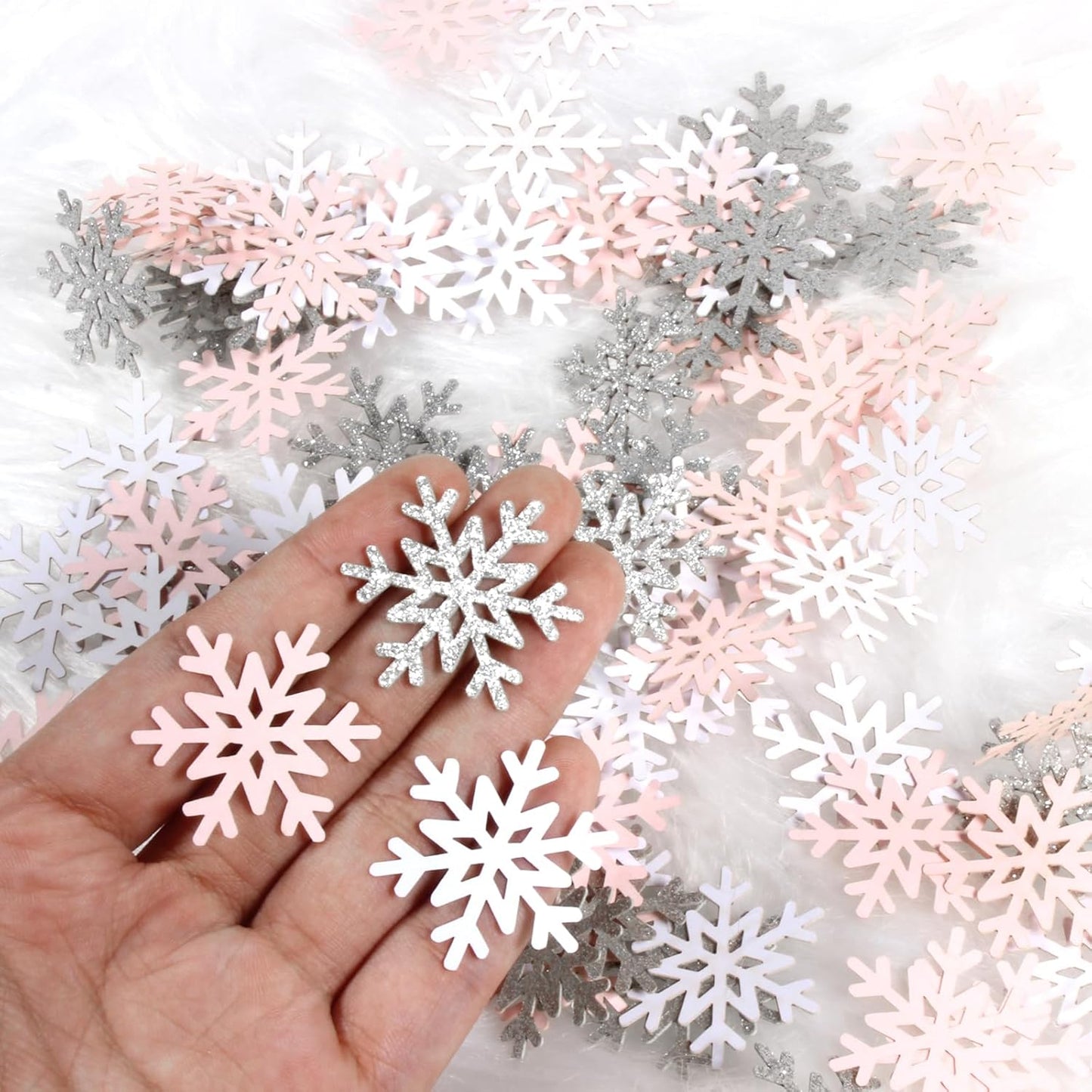 200PC White Pink Silver Snowflake Confetti for Winter Wonderland Decorations Small Snowflakes Table Scatter for Winter Onederland Christmas Birthday Baby Shower Party Table Decor Supplies