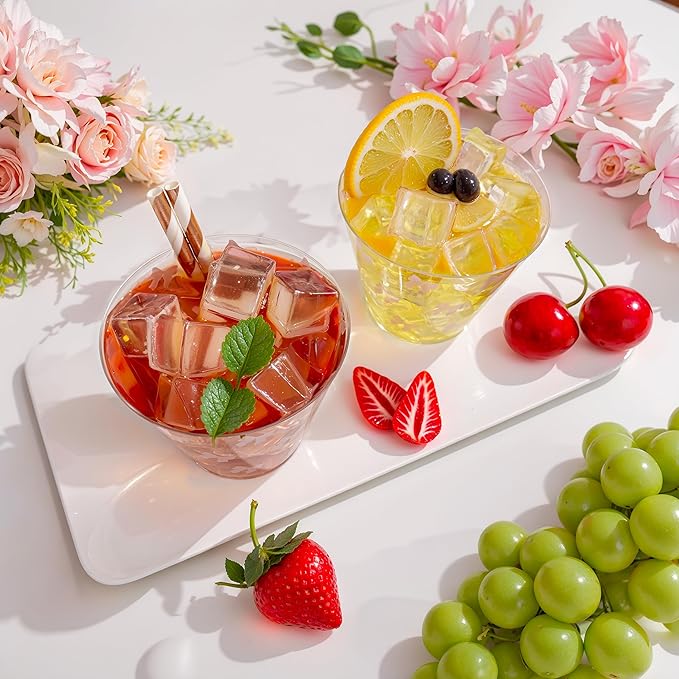 I00000 100 Pcs 9 oz Clear Plastic Cups with Pink Bow, Clear Disposable Cups Wine Glasses Cocktail Glasses Premium Cup Perfect for Wedding, Birthday & Party